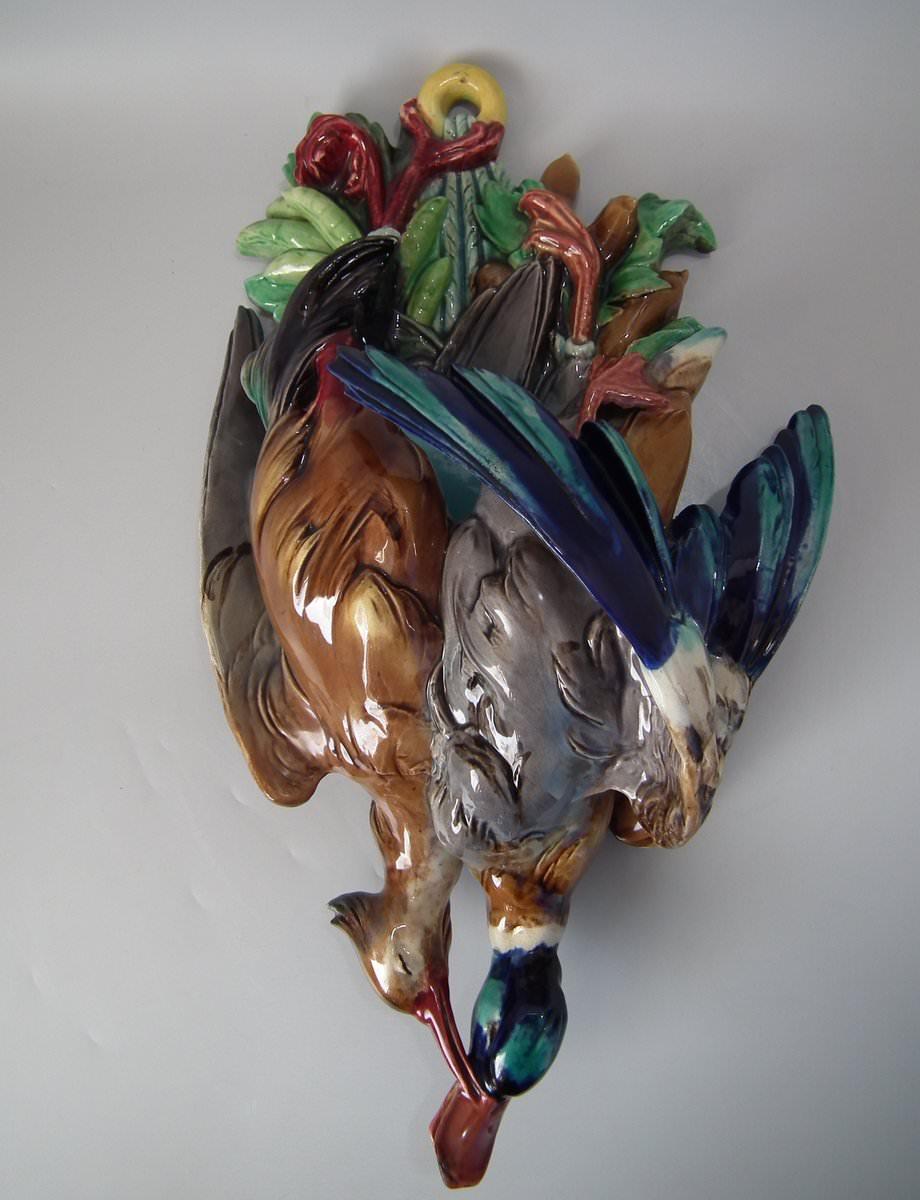 French Large Majolica Hanging Game Birds Wall Pocket