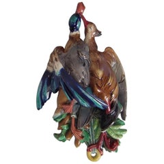 Antique Large Majolica Hanging Game Birds Wall Pocket