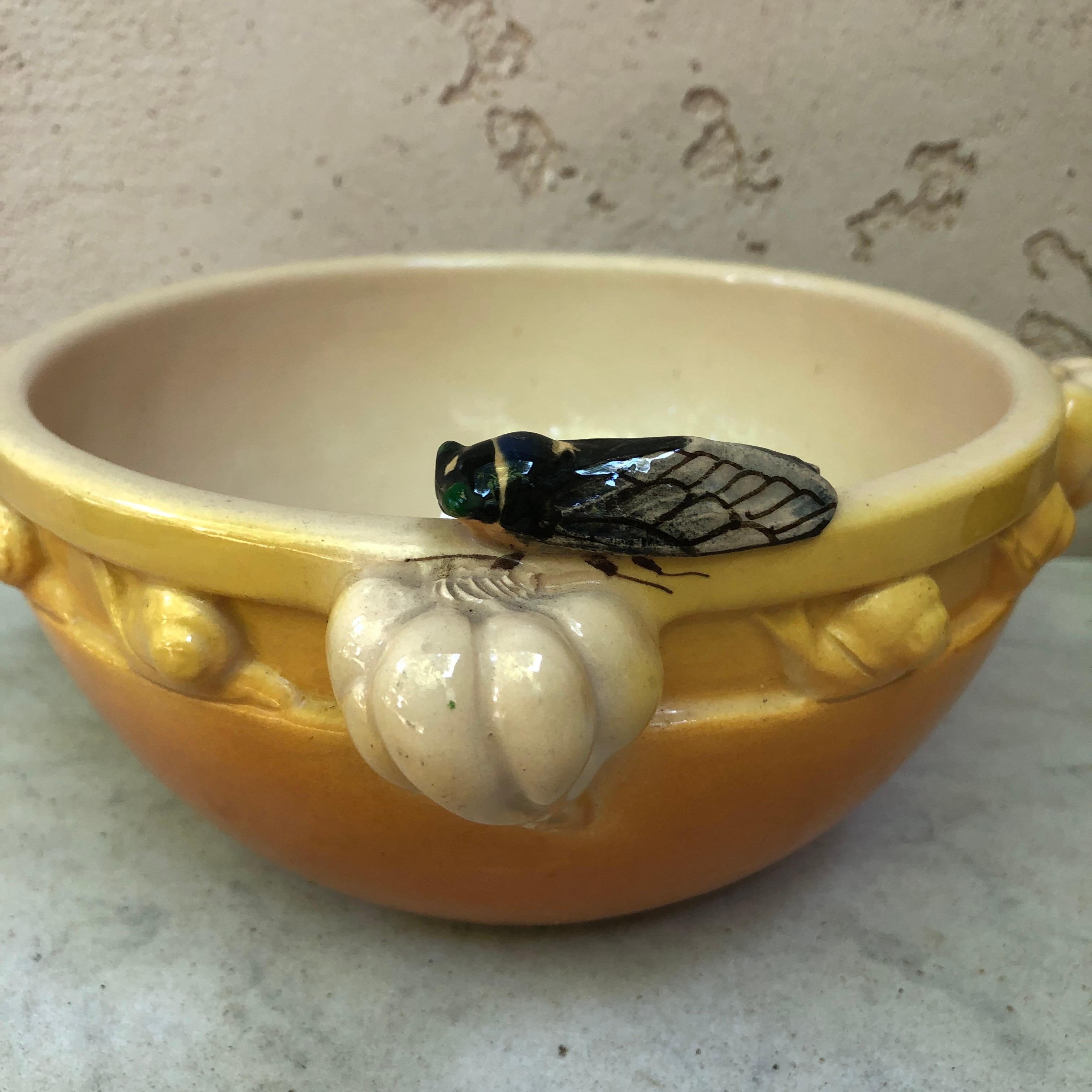 Unusual large Majolica jardiniere with cicada and snails on the border signed Sicard, circa 1950.
From South of France (Provence).