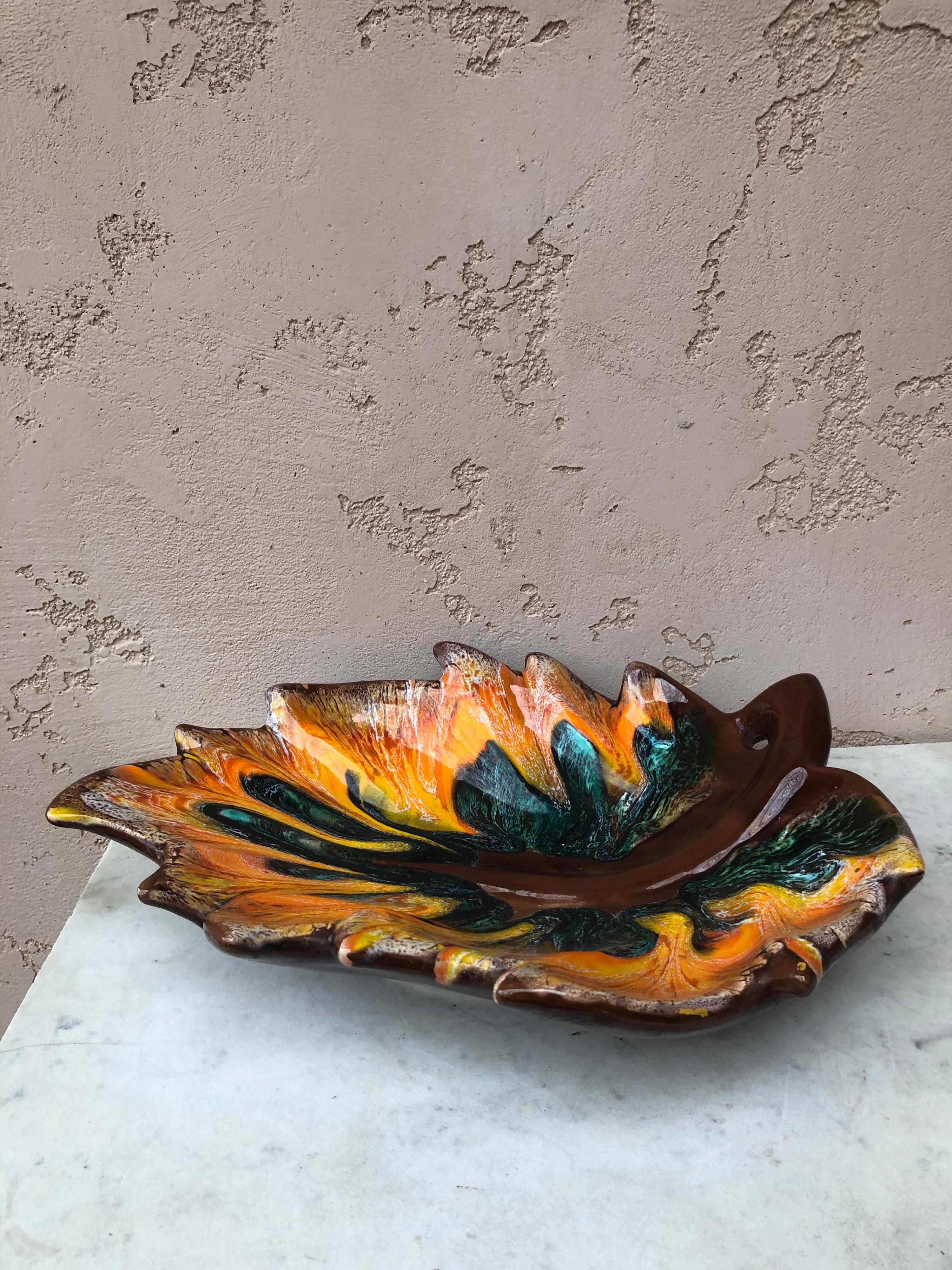 Large Majolica Leaf Platter Vallauris Circa 1950.