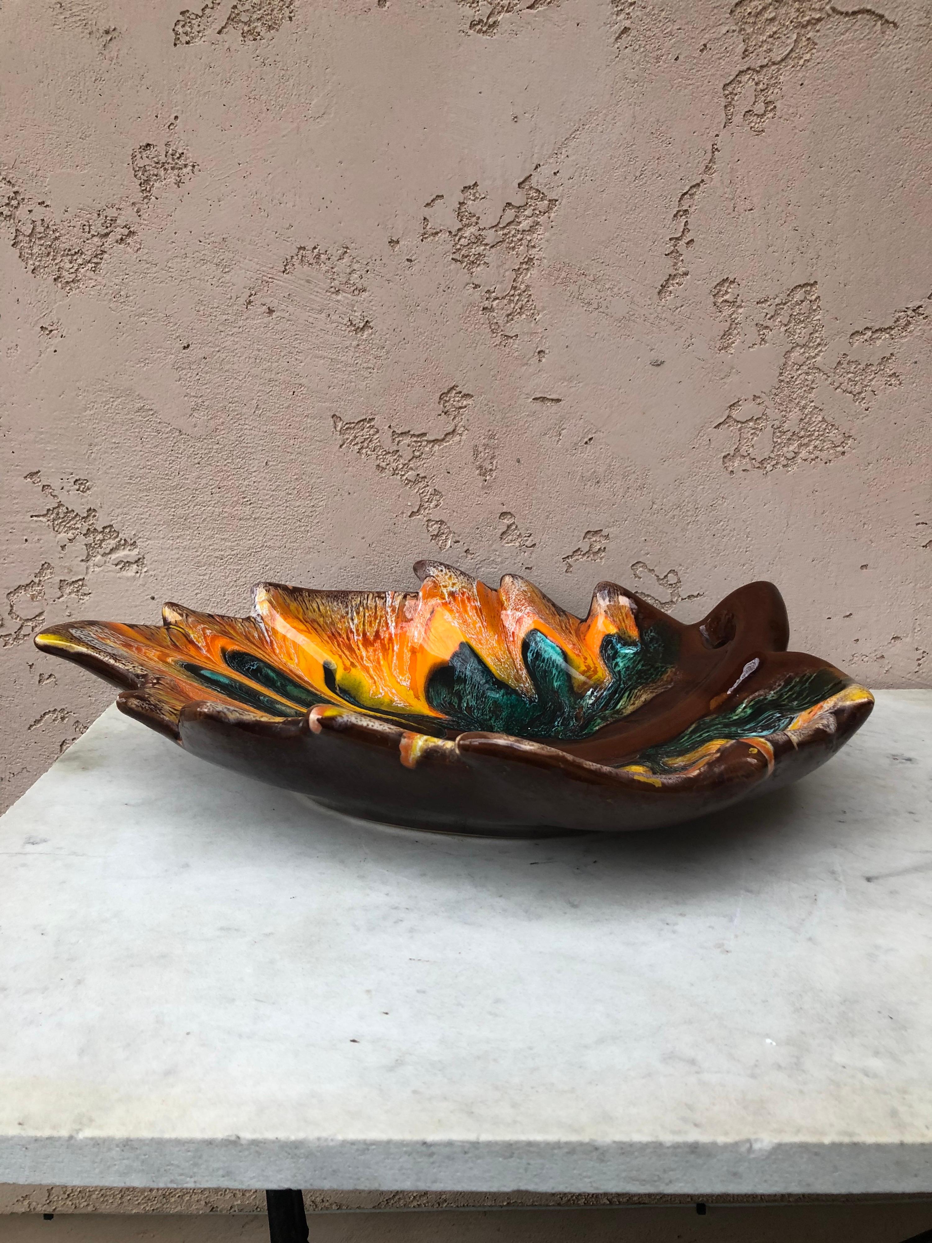 French Large Majolica Leaf Platter Vallauris circa 1950 For Sale