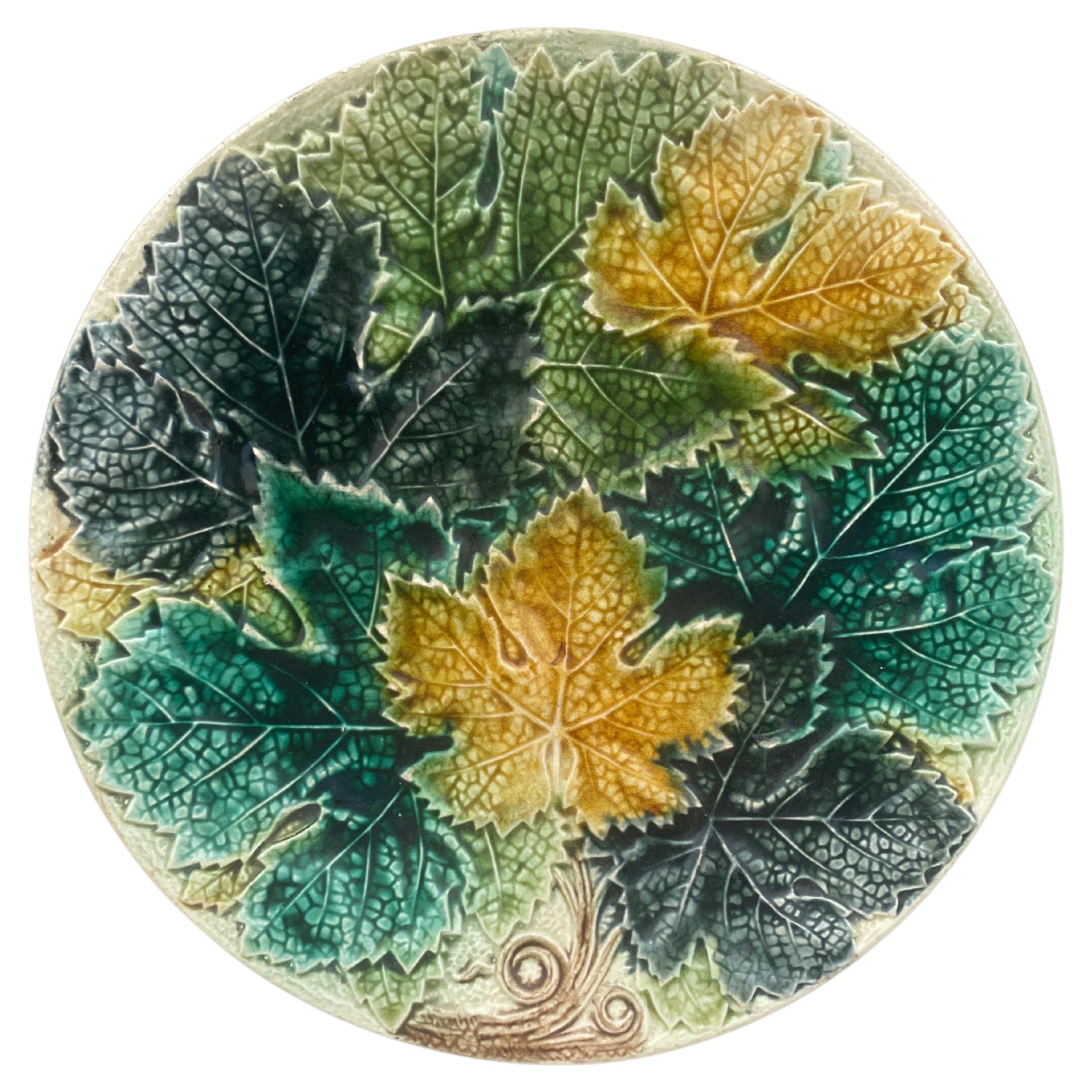 Large Majolica Leaves Plate Wasmuel, circa 1890 For Sale