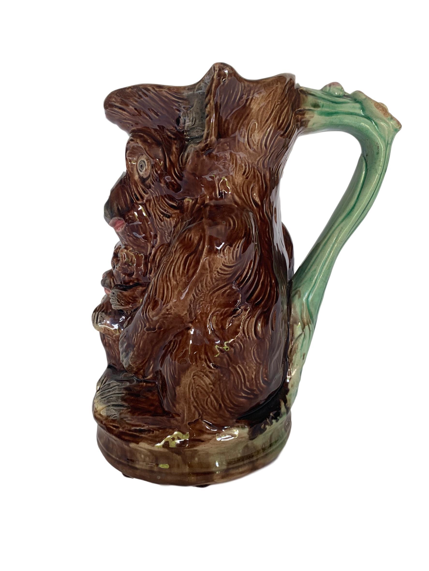 Large Majolica Monkey and Baby Pitcher, English, ca. 1880. In Good Condition For Sale In Banner Elk, NC