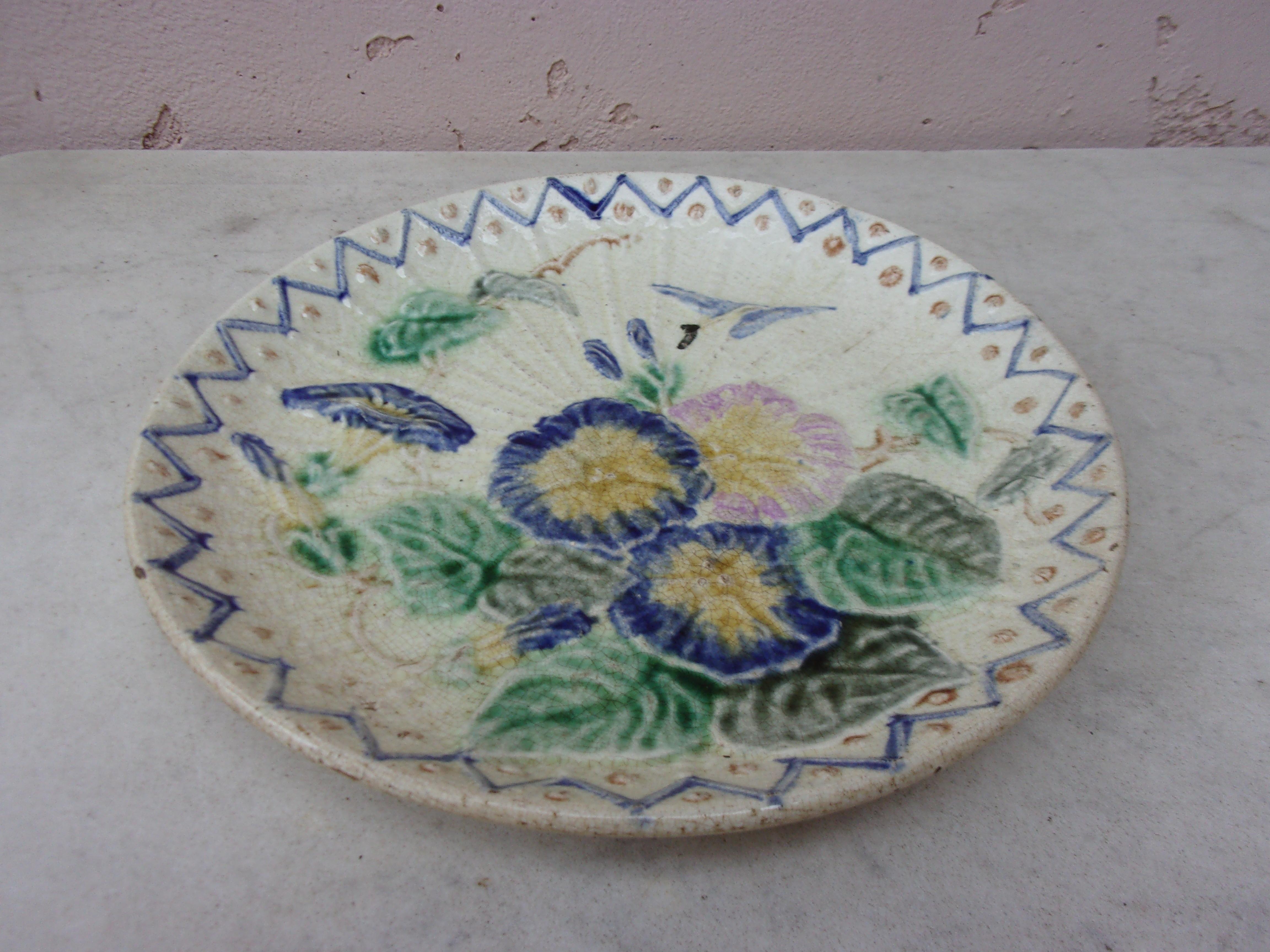 Belgian Large Majolica Morning Glory Plate Wasmuel Circa 1890 For Sale