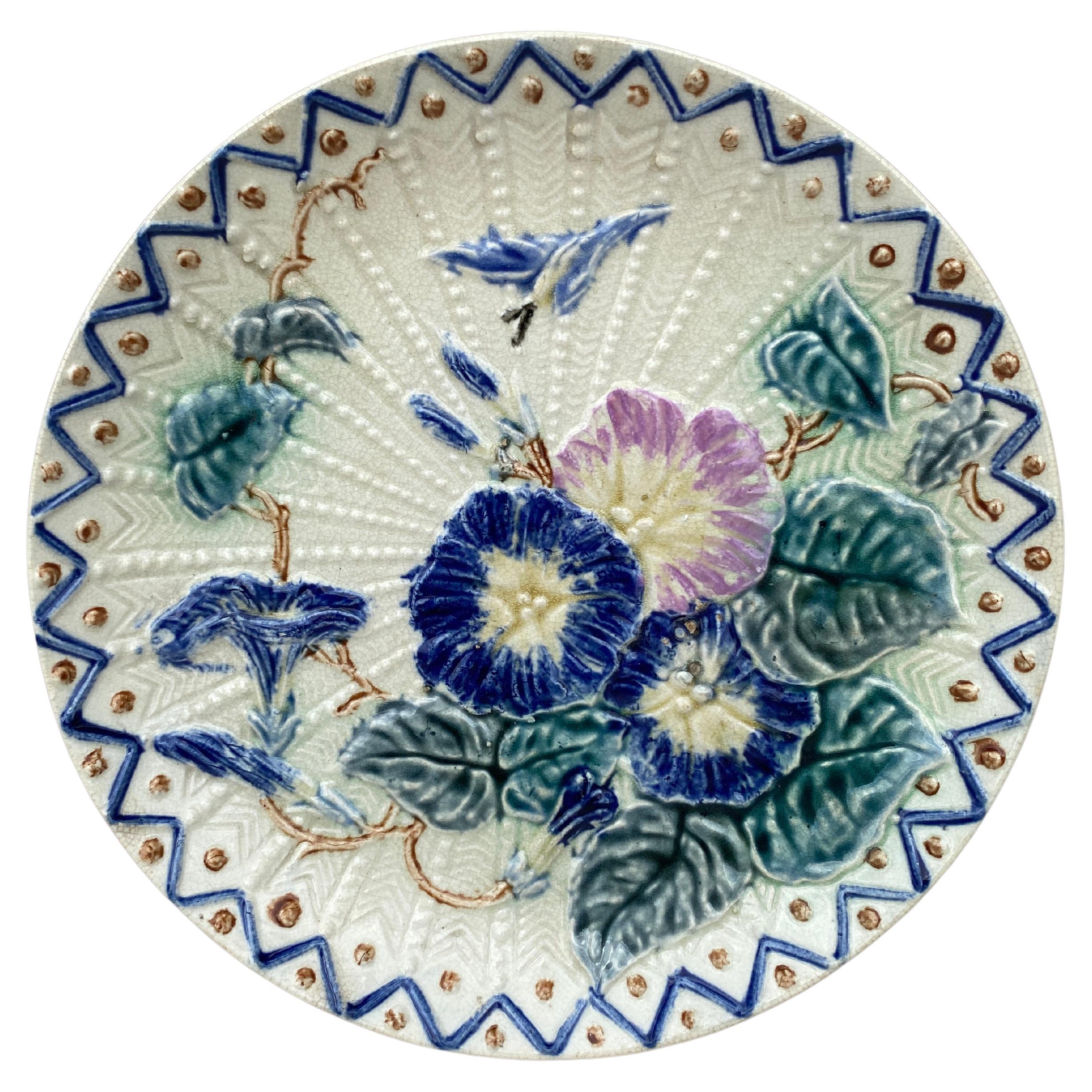 Large Majolica Morning Glory Plate Wasmuel, circa 1890 For Sale