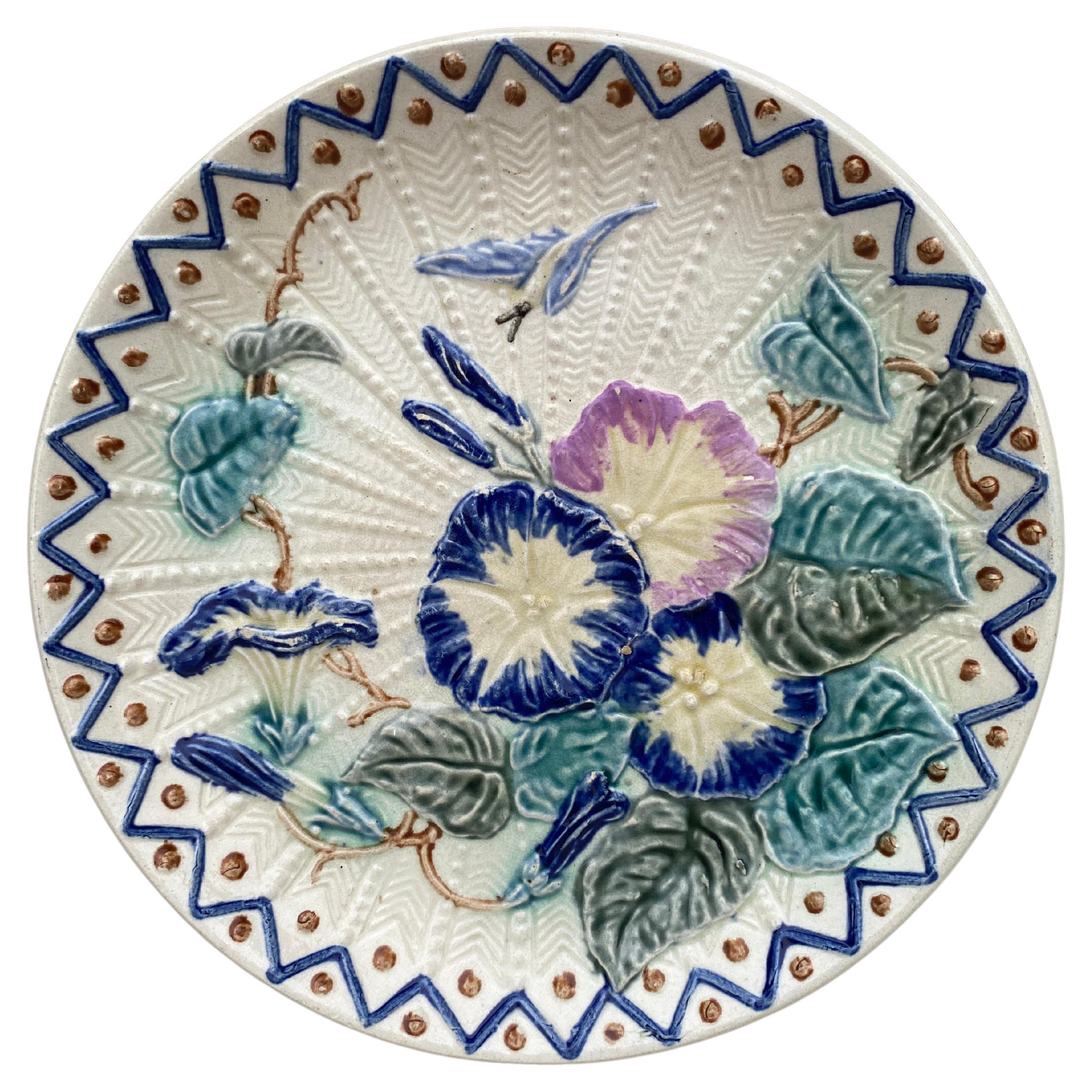 Large Majolica Morning Glory Plate Wasmuel, circa 1890 For Sale