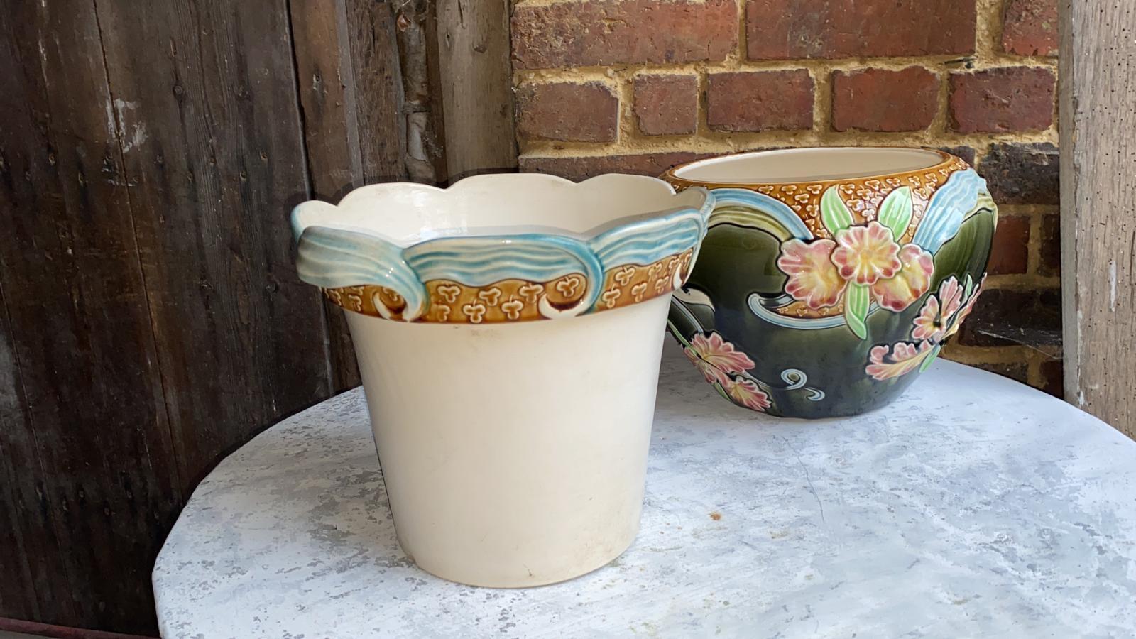 Art Nouveau Large Majolica Orchid Cache Pot Fives Lille, circa 1890