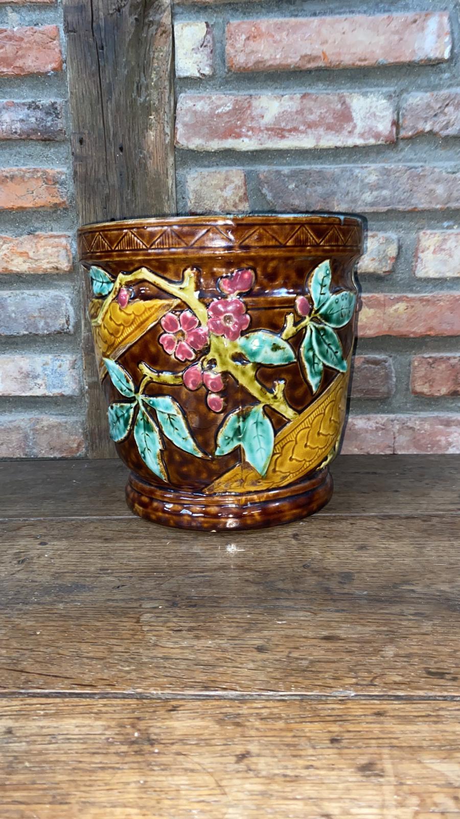 Late 19th Century Large Majolica Orchid Cache Pot Fives Lille, circa 1890