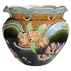Antique Large Majolica Orchid Cache Pot Fives Lille, circa 1890