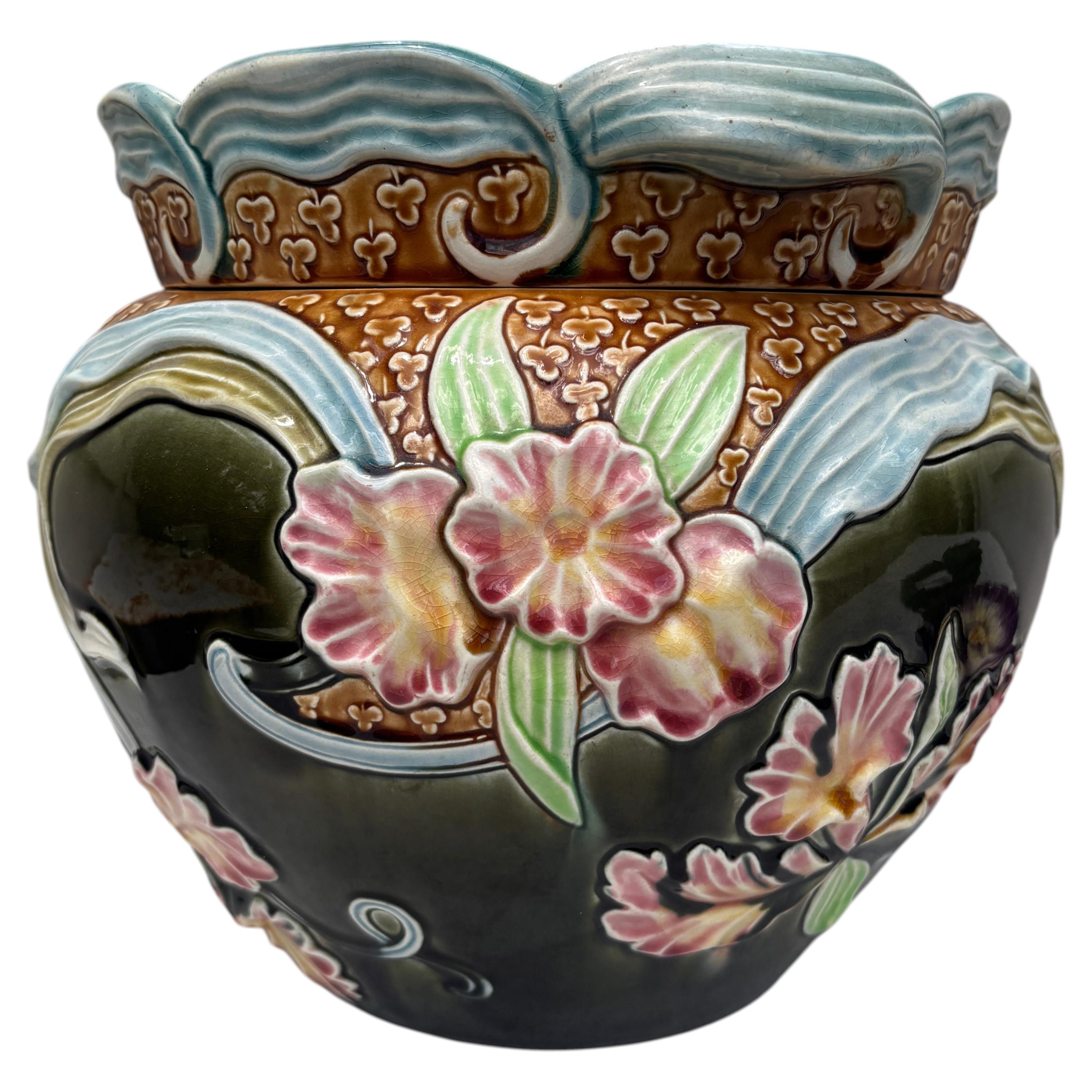 Large Majolica Orchid Cache Pot Fives Lille, circa 1890