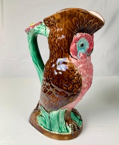 Large Majolica Owl Pitcher Art Nouveau Style Made in England, Late 19th Century