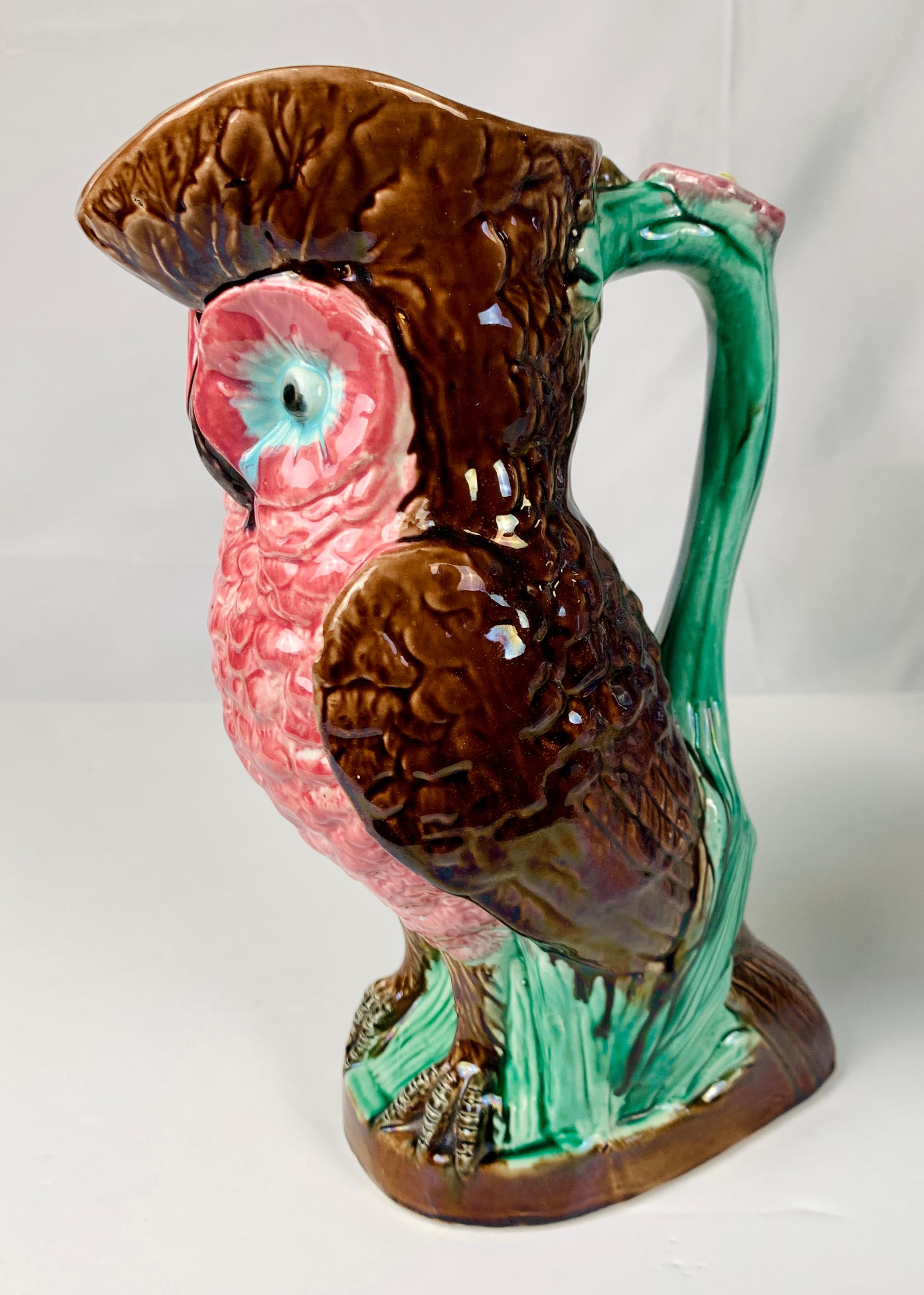 English Large Majolica Owl Pitcher Art Nouveau Style Made in England, Late 19th Century
