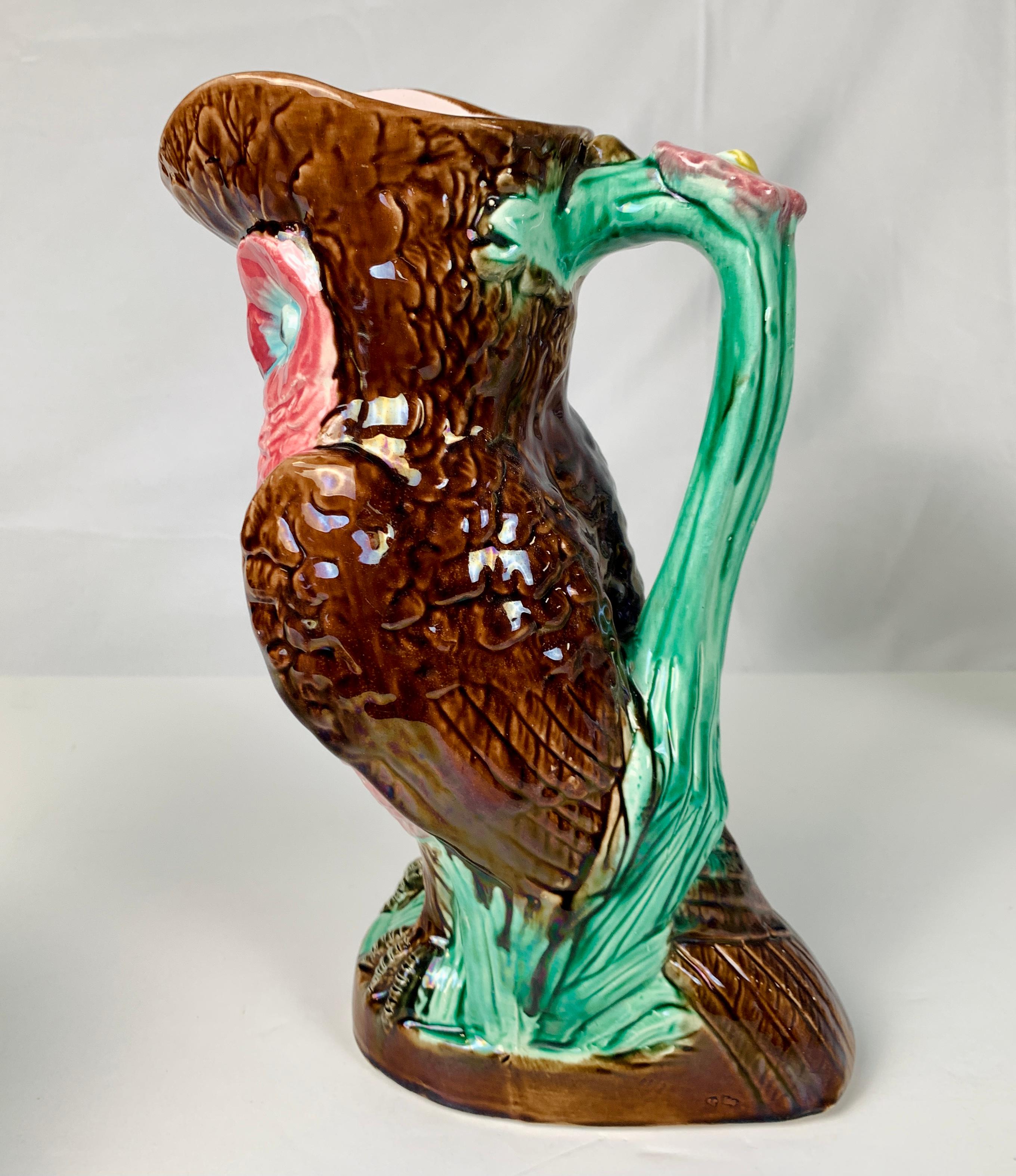 Enameled Large Majolica Owl Pitcher Art Nouveau Style Made in England, Late 19th Century
