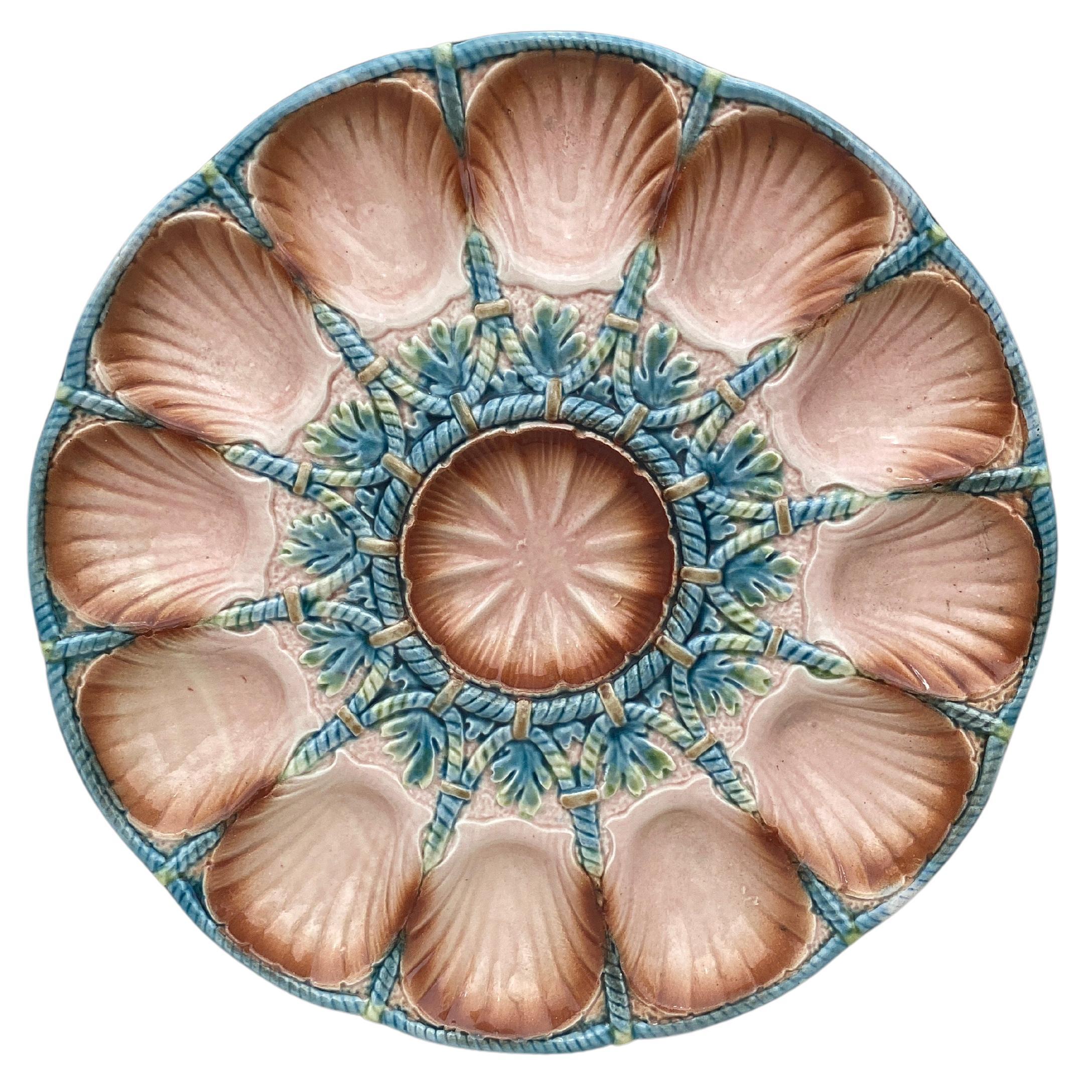 Large Majolica Oyster Platter Sarreguemines, Circa 1920 For Sale