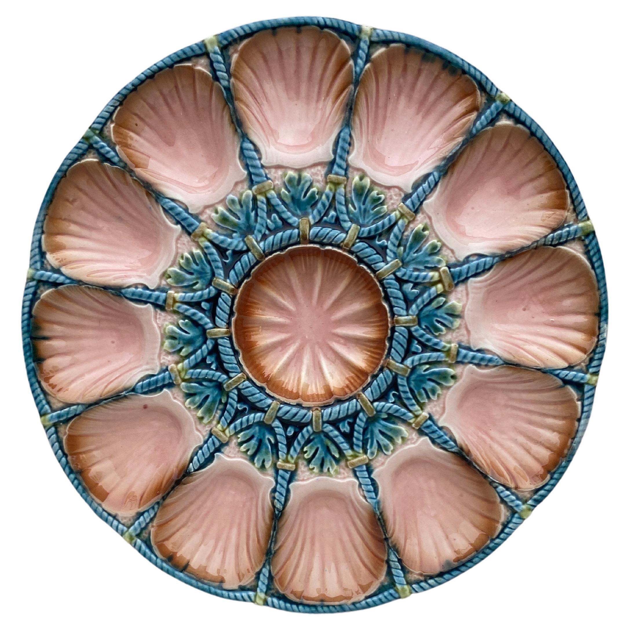 Large Majolica Oyster Platter Sarreguemines, Circa 1920 For Sale