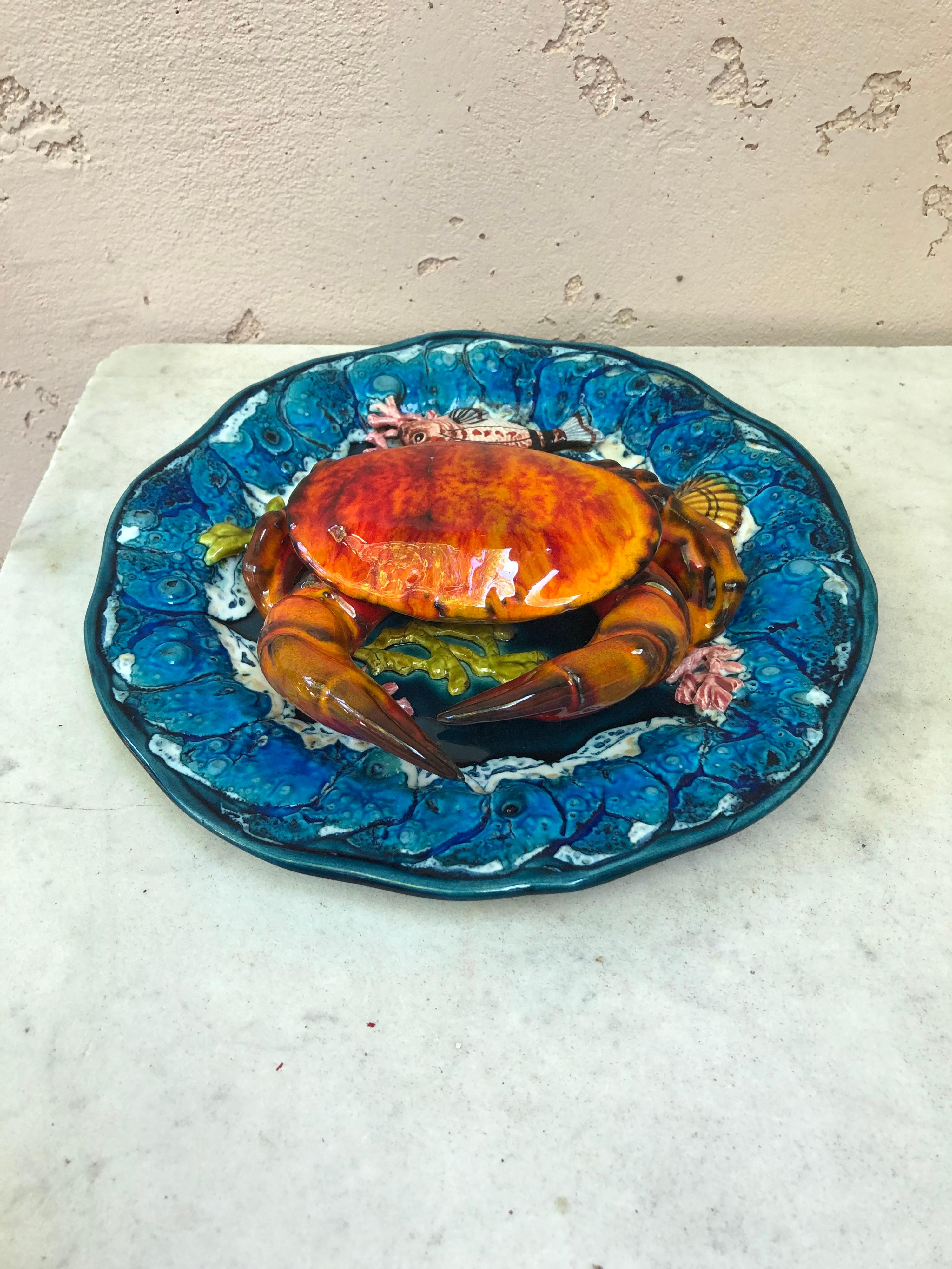 Rustic Large Majolica Palissy Crab Wall Platter Vallauris, circa 1950 For Sale