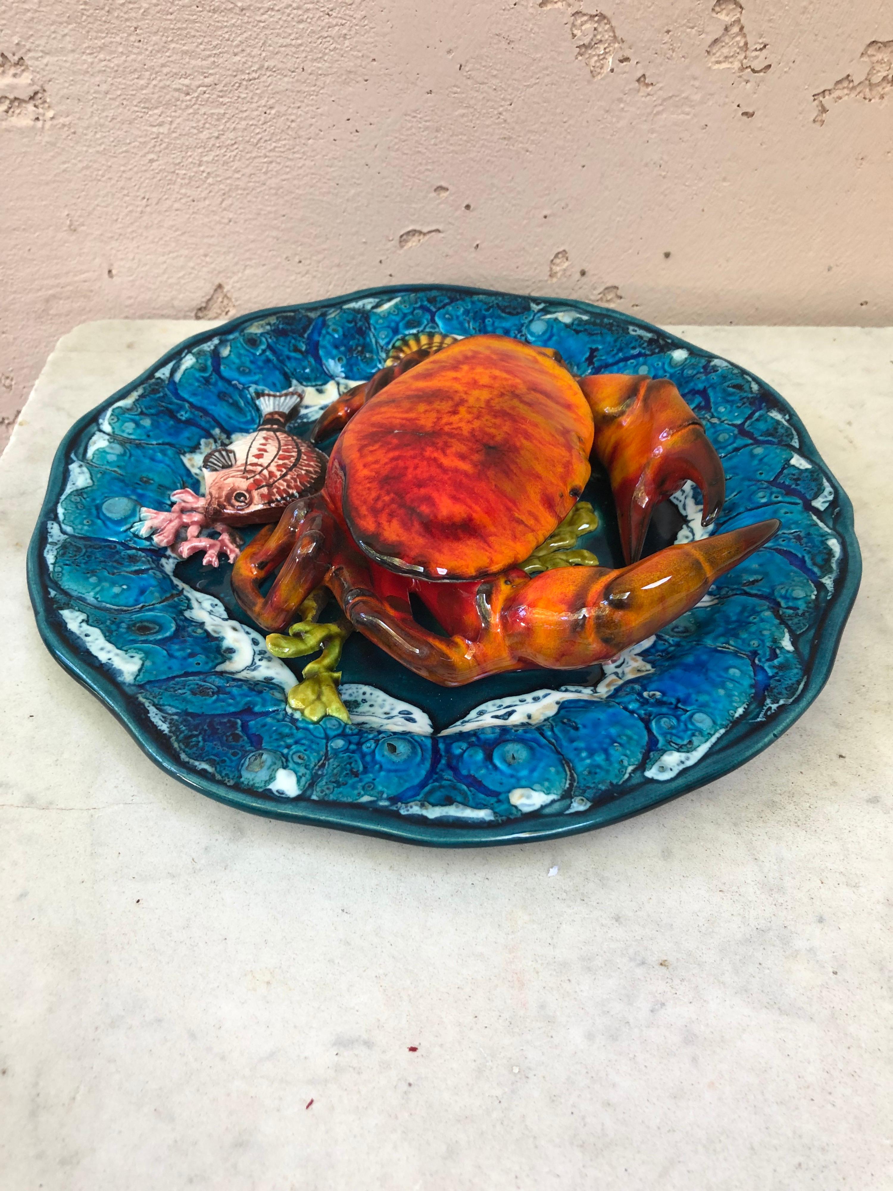 French Large Majolica Palissy Crab Wall Platter Vallauris, circa 1950 For Sale