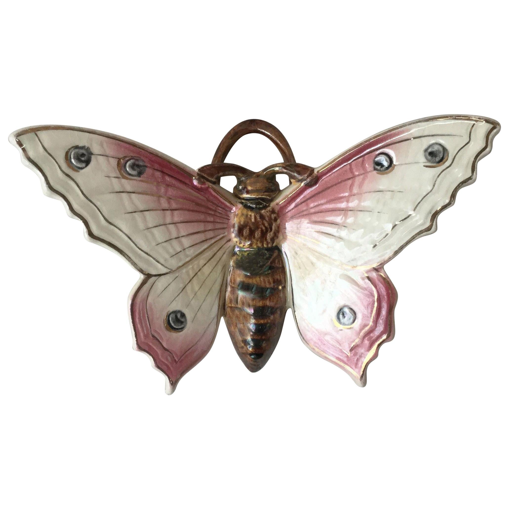 French Large Majolica Pink Butterfly Wall Pocket Fives Lille, circa 1900 For Sale