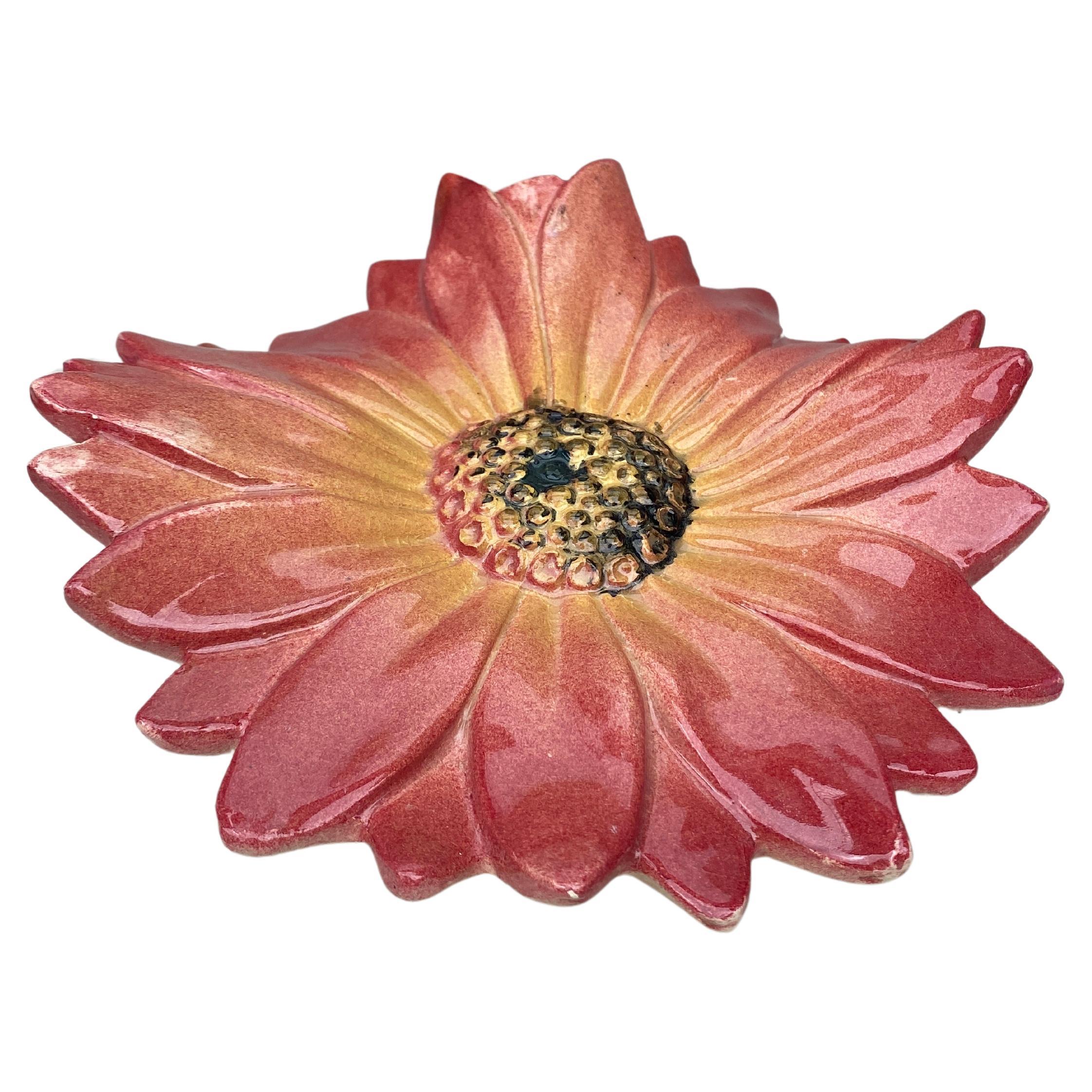 French Large Majolica Pink Daisy Wall Pocket Clement Massier, circa 1890 For Sale