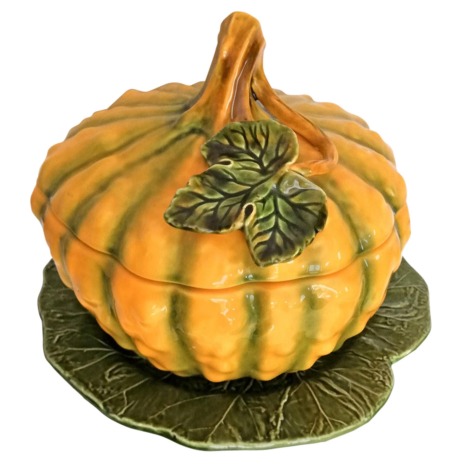 Large Majolica Pottery Ceramic Pumpkin Tureen Box Tray Platter, Cover and Ladle