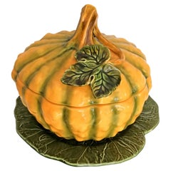 Retro Large Majolica Pottery Ceramic Pumpkin Tureen Box Tray Platter, Cover and Ladle