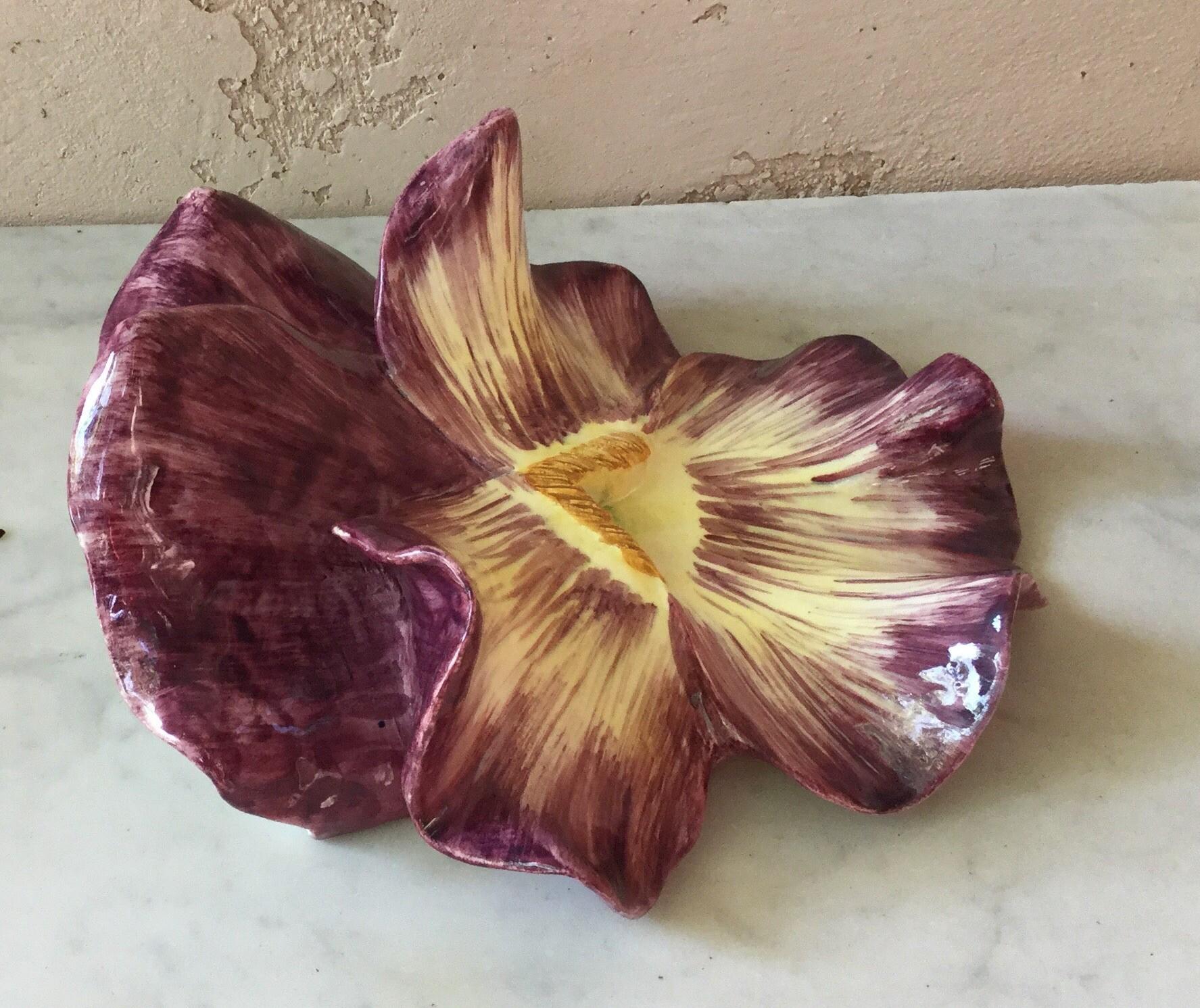 Oversize Majolica purple pansy wall pocket Massier, circa 1880.