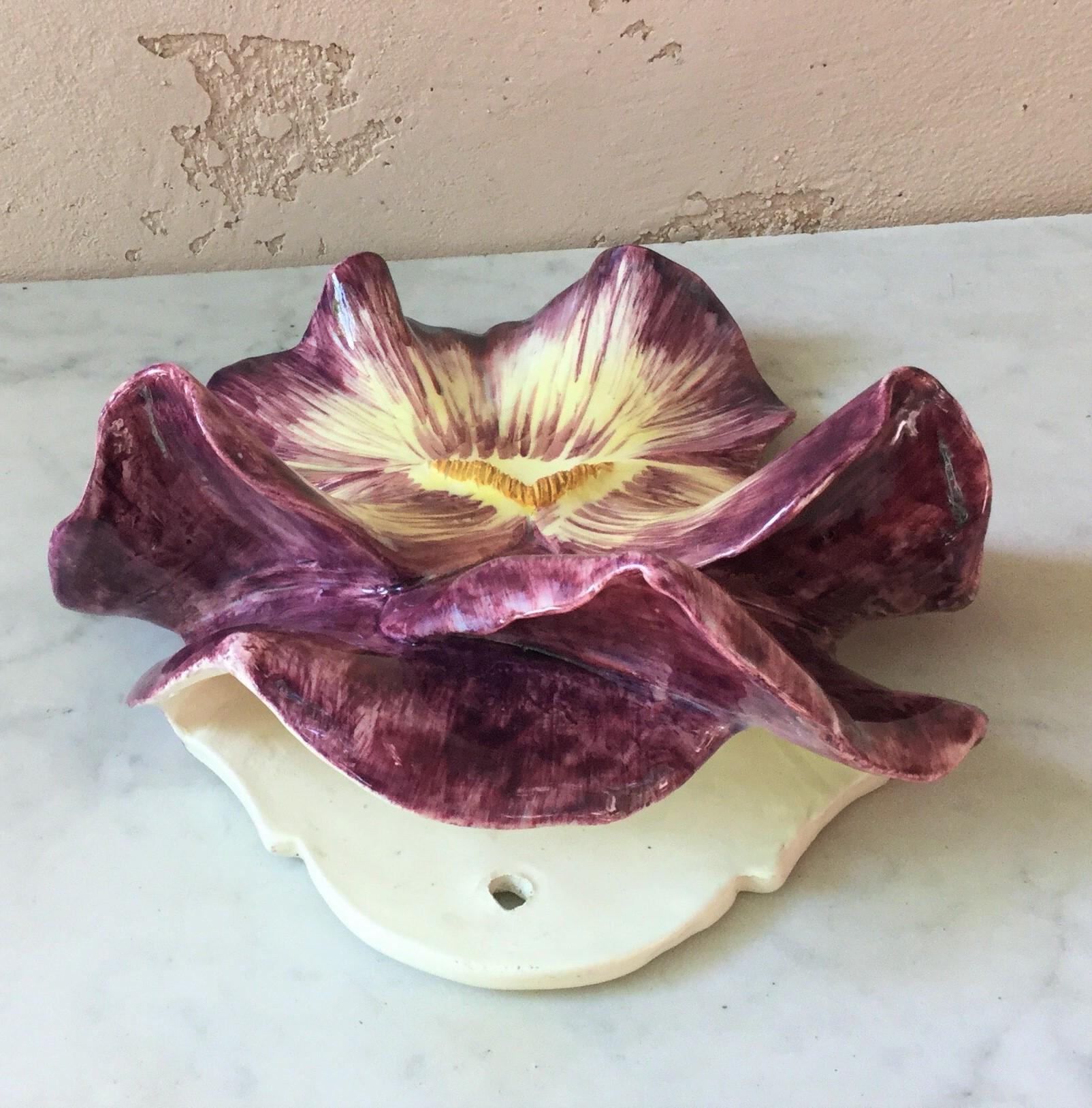 Art Nouveau Large Majolica Purple Pansy Wall Pocket Massier, circa 1880 For Sale