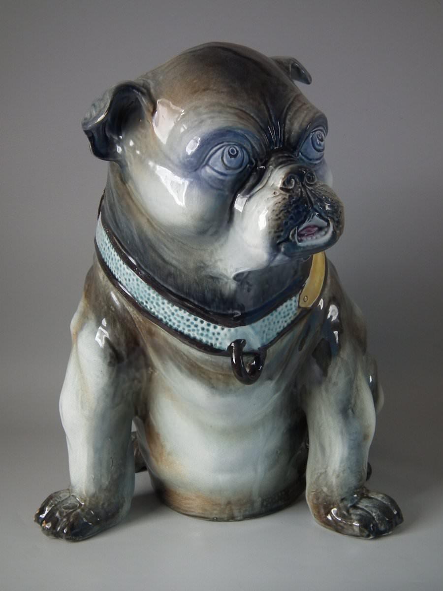 Belgian Large Majolica Seated Pug Umbrella Stand For Sale