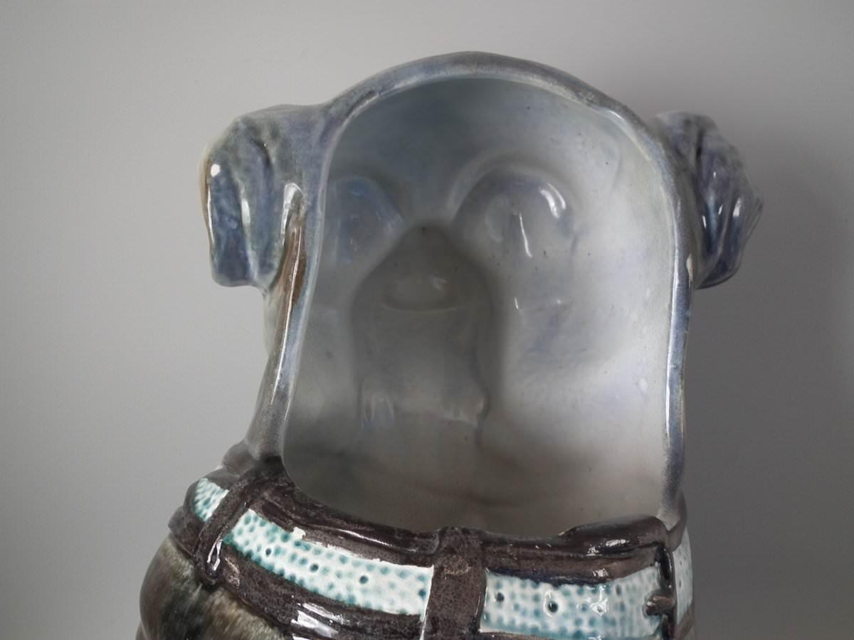 Early 20th Century Large Majolica Seated Pug Umbrella Stand For Sale