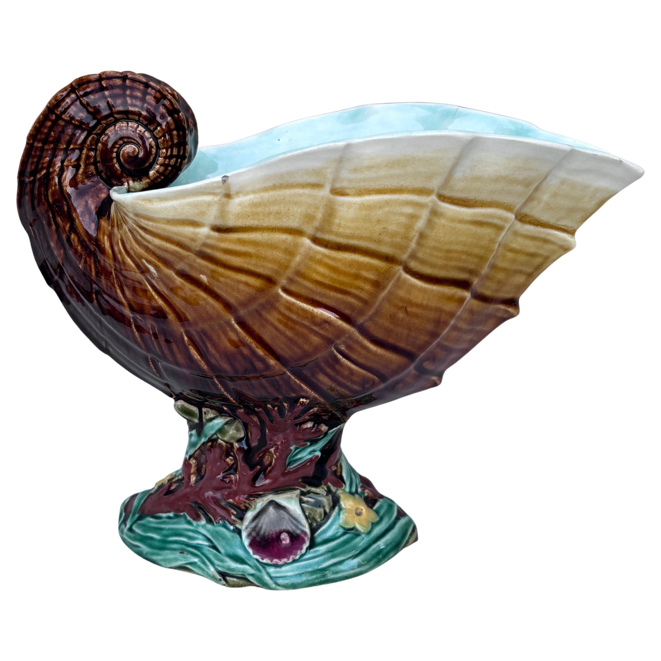 Large Majolica Shell Vase Nautilus Choisy Le Roi, circa 1890 For Sale