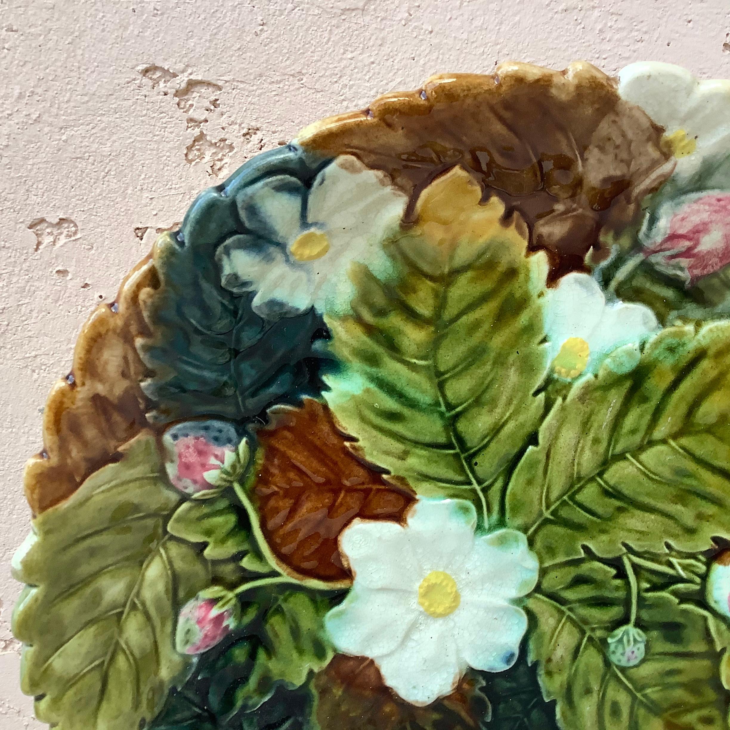 French Large Majolica Strawberry Orchies Platter, circa 1880