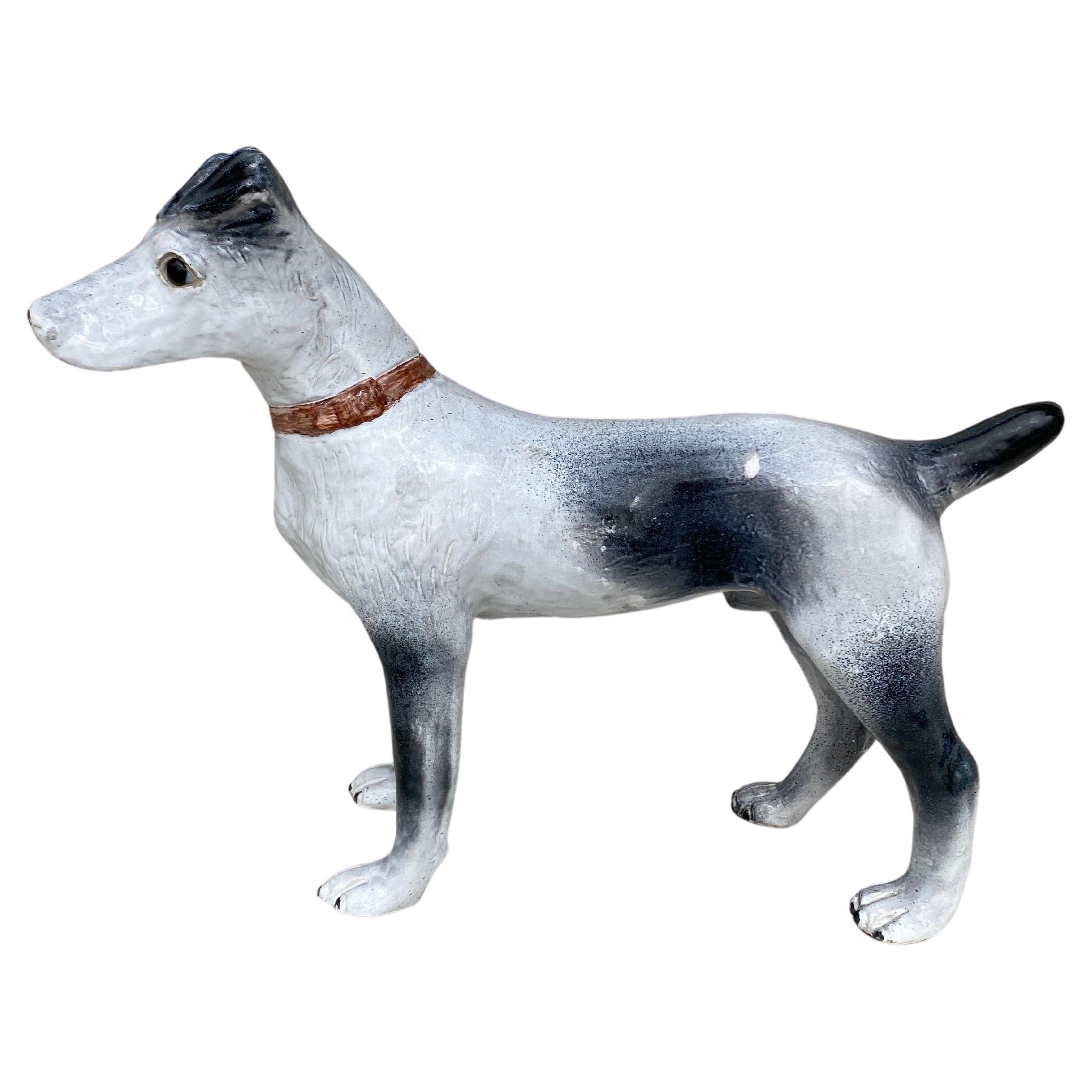 Large Majolica terracotta dog Terrier Bavent ( Normandy )