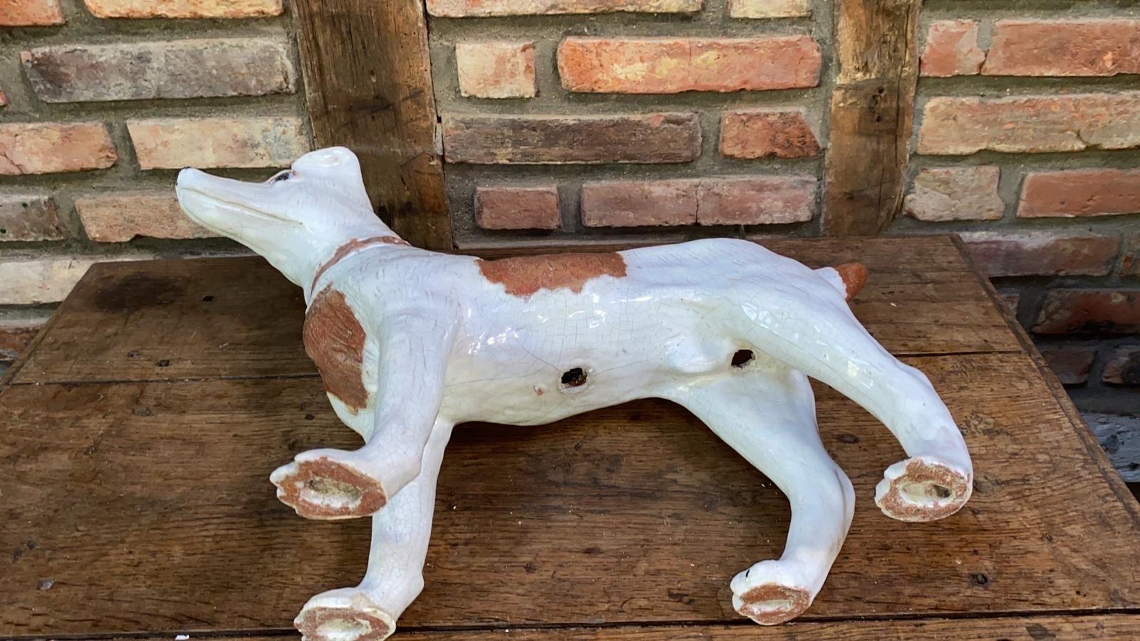 Rustic Large Majolica Terracotta Dog Terrier Bavent For Sale