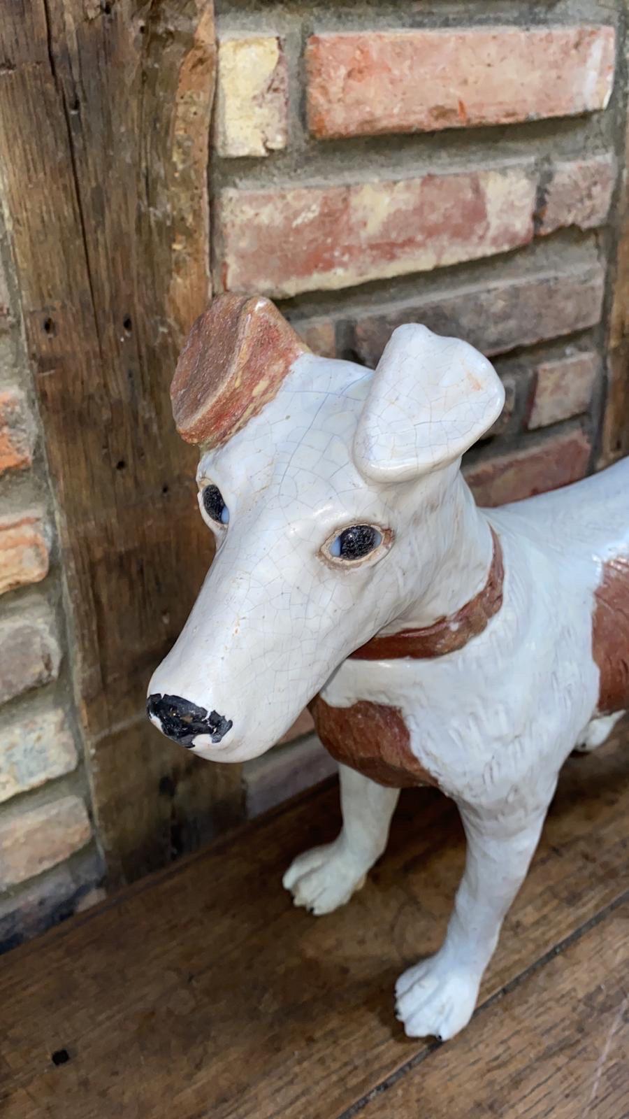 French Large Majolica Terracotta Dog Terrier Bavent For Sale