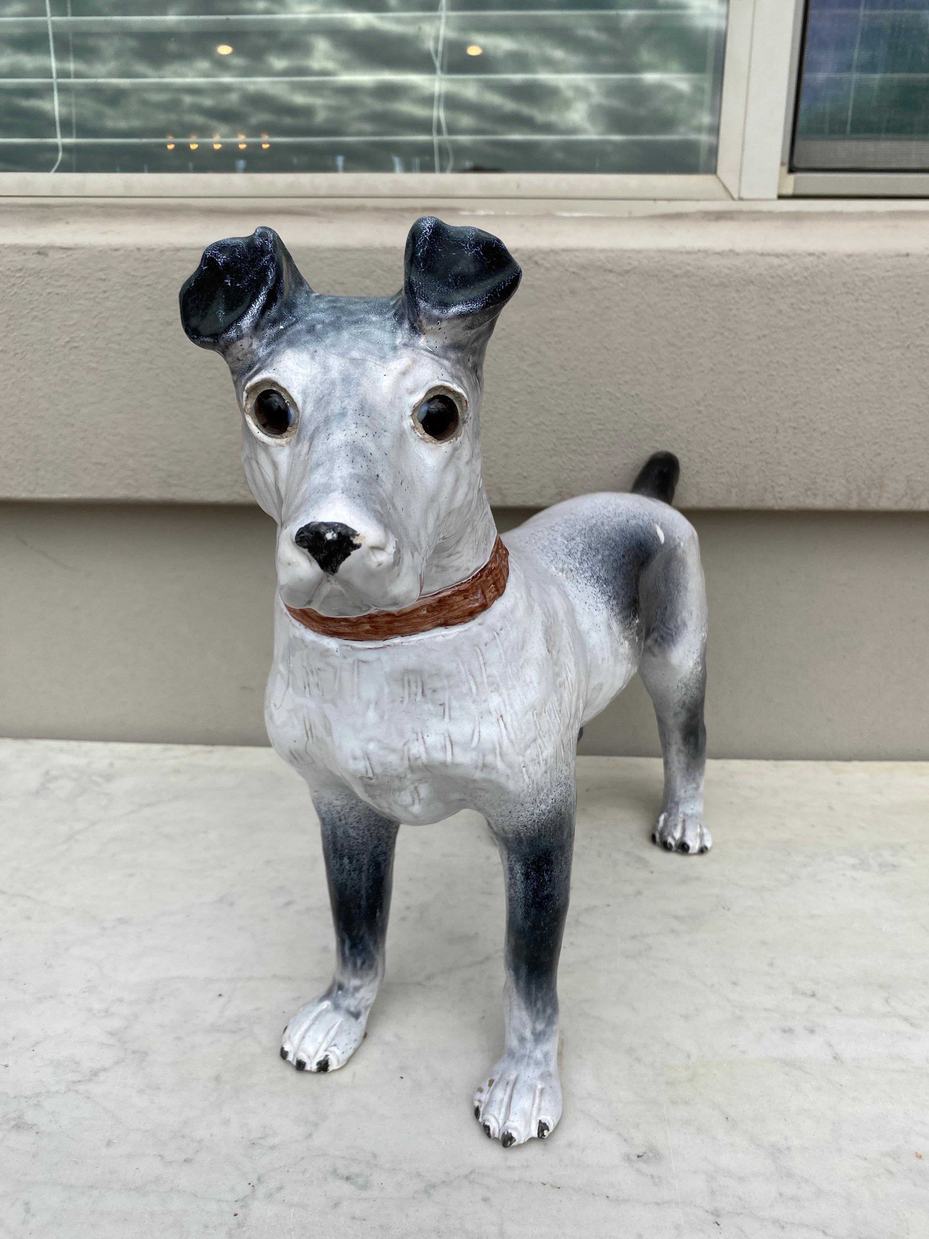 Large Majolica Terracotta Dog Terrier Bavent In Good Condition For Sale In Austin, TX