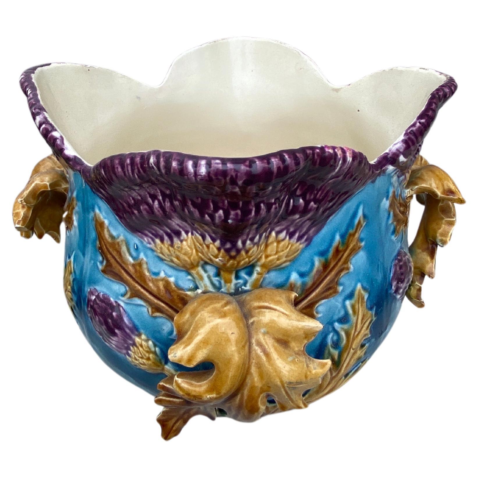 French Large Majolica Thistle Jardinière Onnaing, circa 1880 For Sale