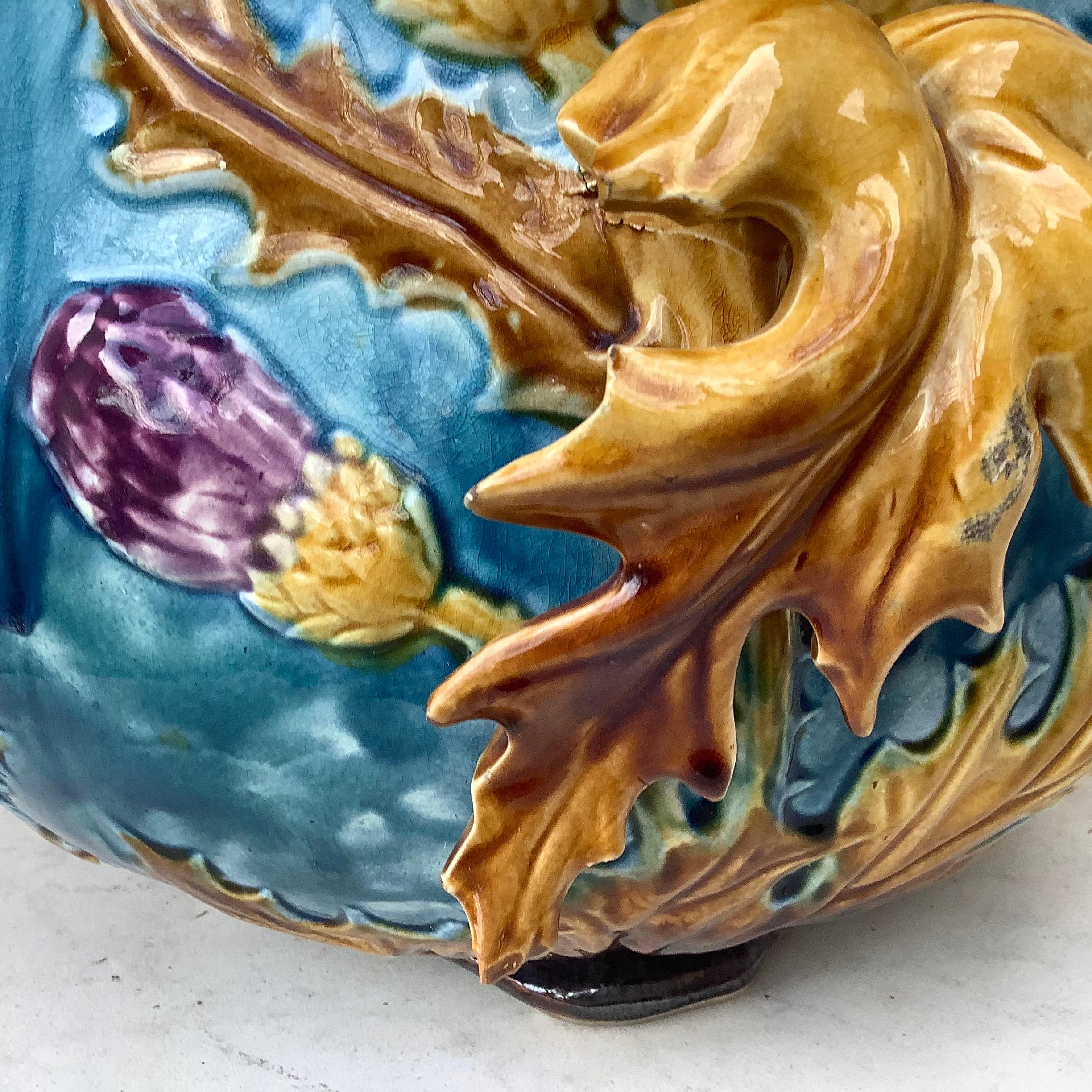 Large Majolica Thistle Jardinière Onnaing, circa 1880 In Good Condition In Austin, TX