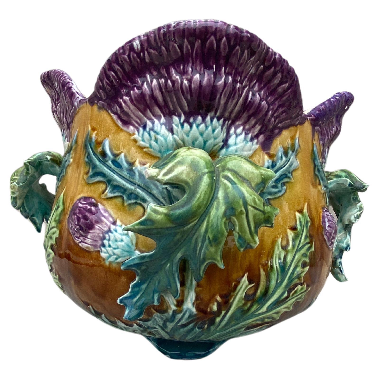 Large Majolica Thistle Jardinière Onnaing, circa 1880 For Sale