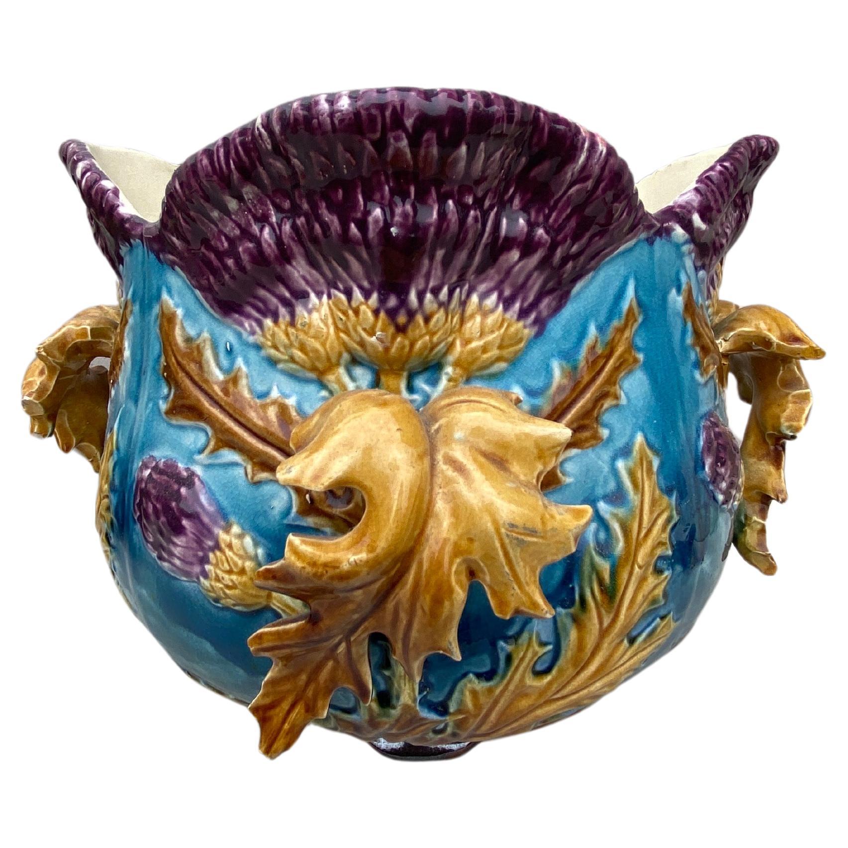 Large Majolica Thistle Jardinière Onnaing, circa 1880 For Sale