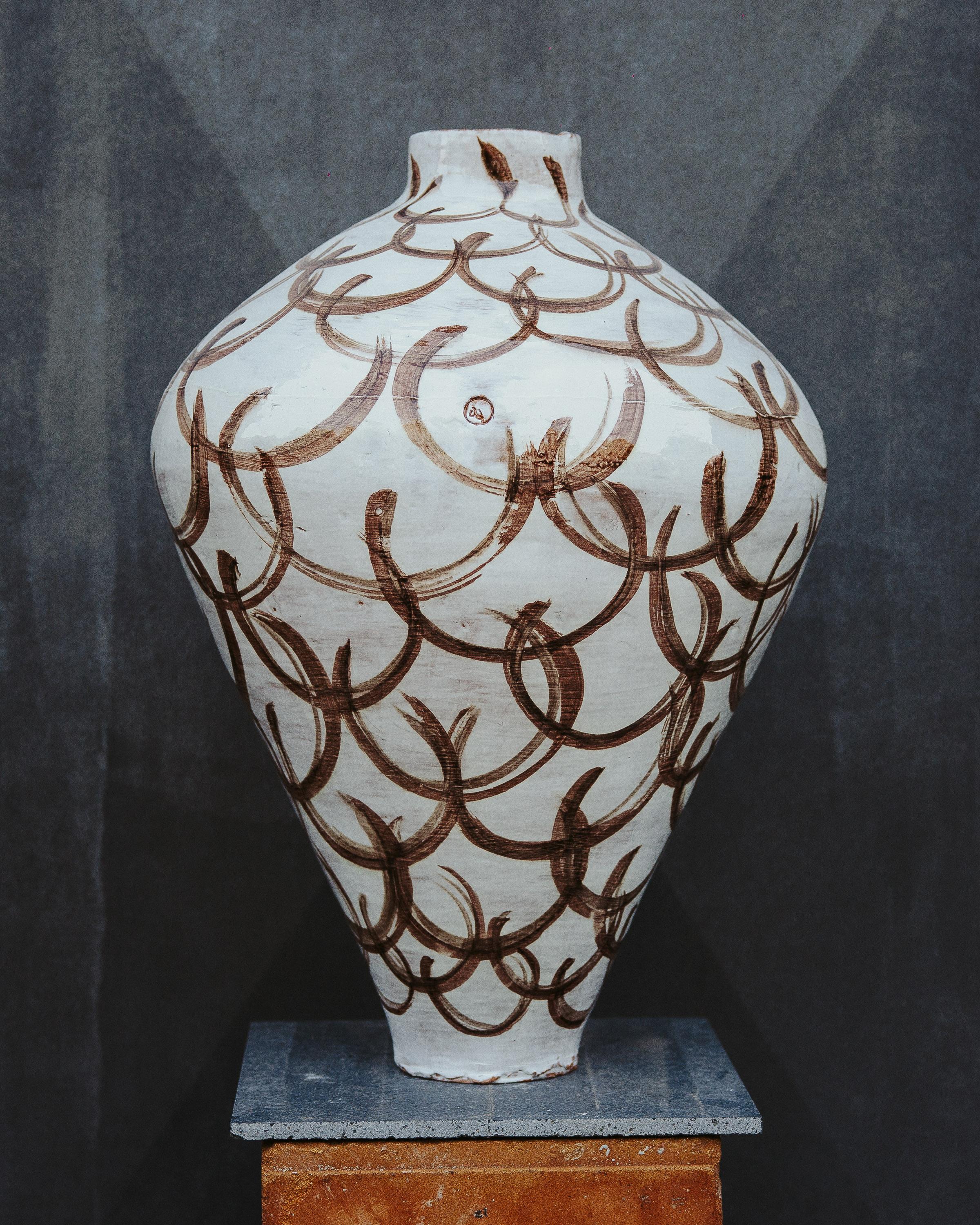 Large ceramic vase by Onofrio Acone, 203 glazed erathenware (majolica) unique piece hand-built and hand-painted  38 cm width  58 cm height

Onofrio Acone is a ceramic artists  based in the Amalfi Coast in the South of Italy. Onofrio creates