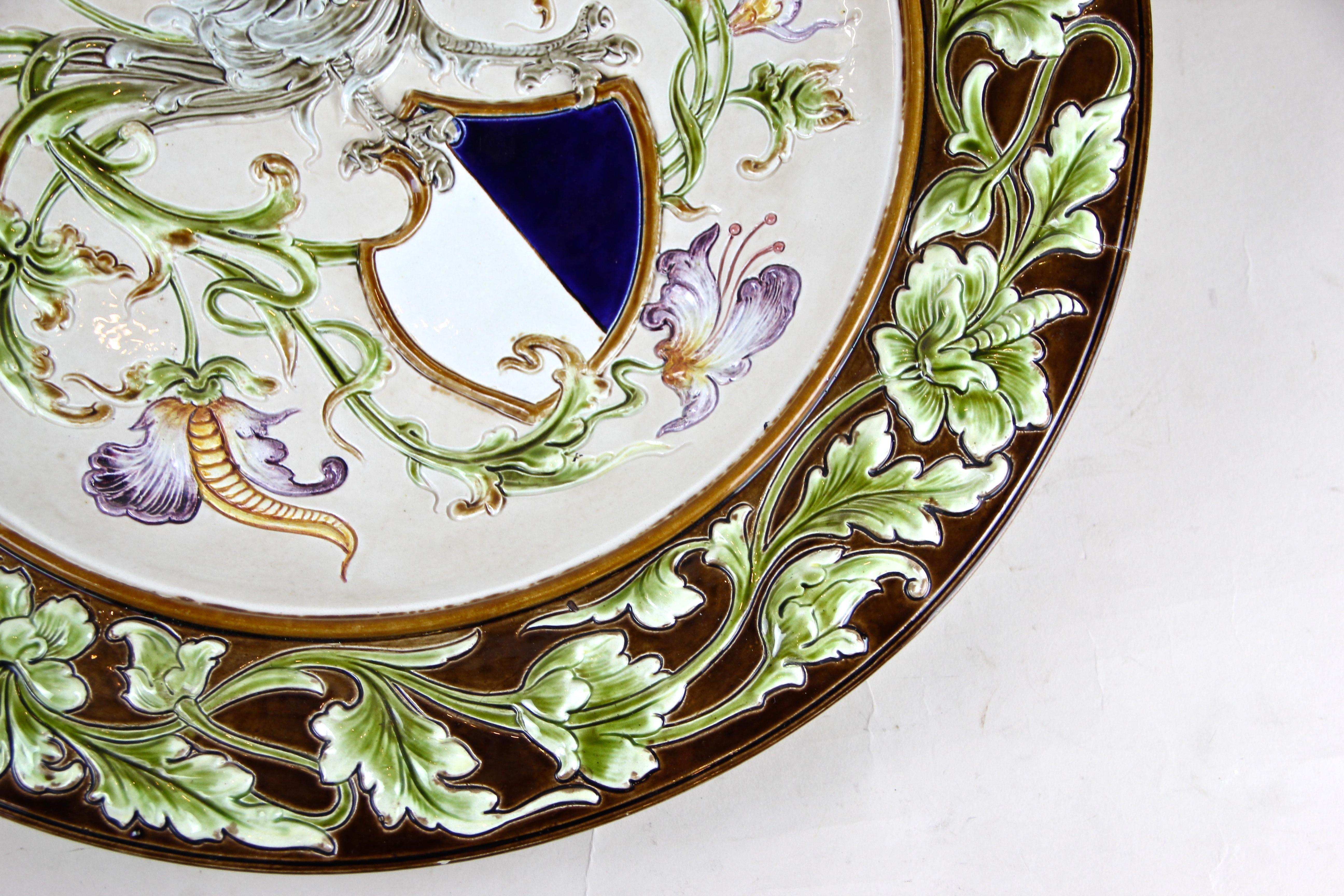 Hand-Painted Large Majolica Wall Plate by Wilhelm Schiller & Son, Bohemia, circa 1890