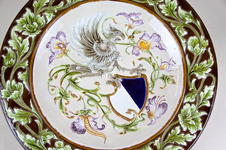 19th Century Large Majolica Wall Plate by Wilhelm Schiller & Son, Bohemia, circa 1890 For Sale