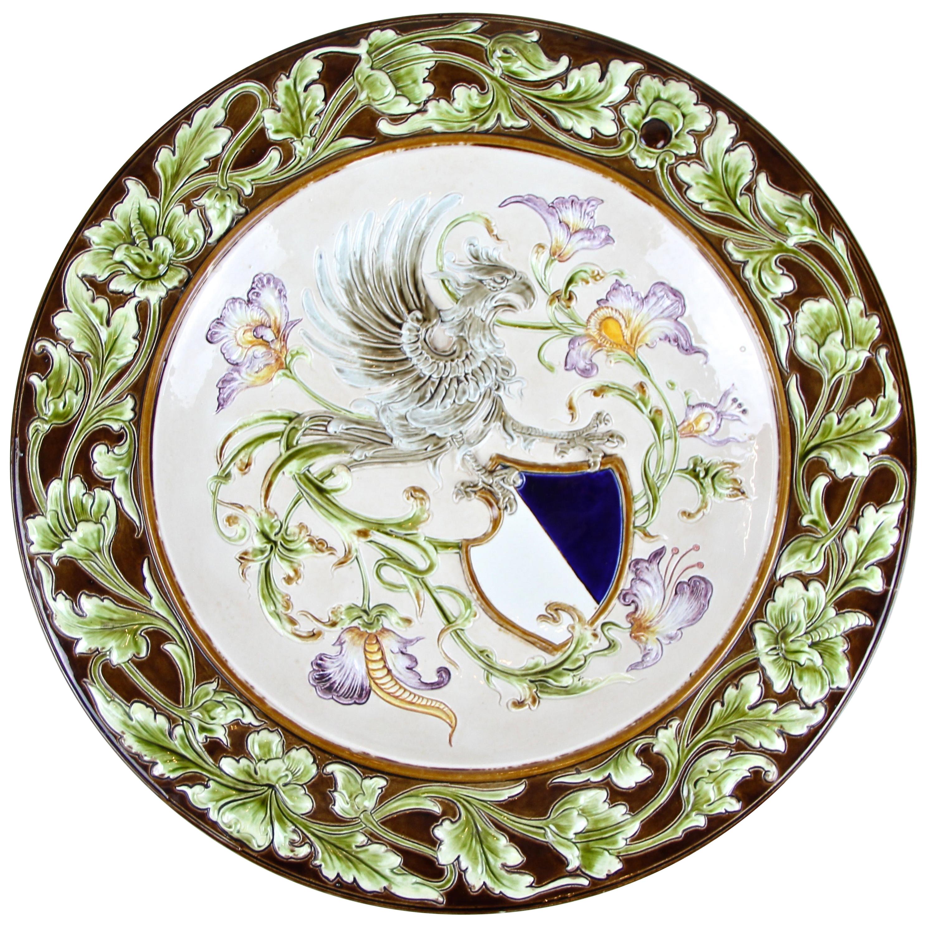 Large Majolica Wall Plate by Wilhelm Schiller & Son, Bohemia, circa 1890