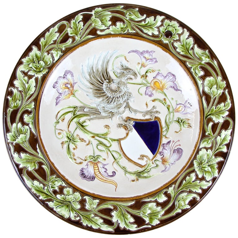 Large Majolica Wall Plate by Wilhelm Schiller & Son, Bohemia, circa 1890 For Sale