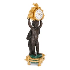 Large Malachite, Gilt and Patinated Bronze Clock Set