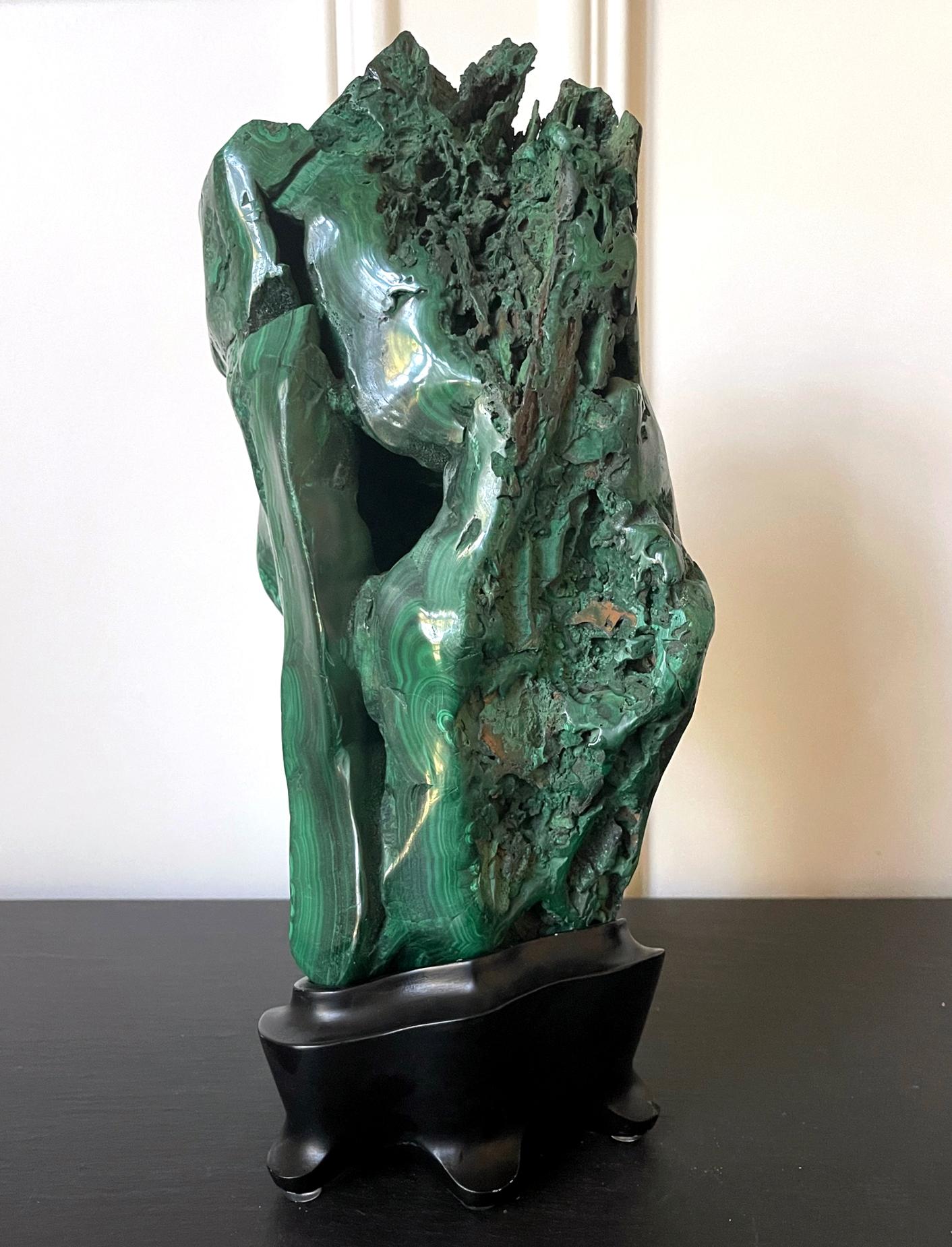 Chinoiserie Large Malachite Rock on Display Stand Chinese Scholar Stone For Sale