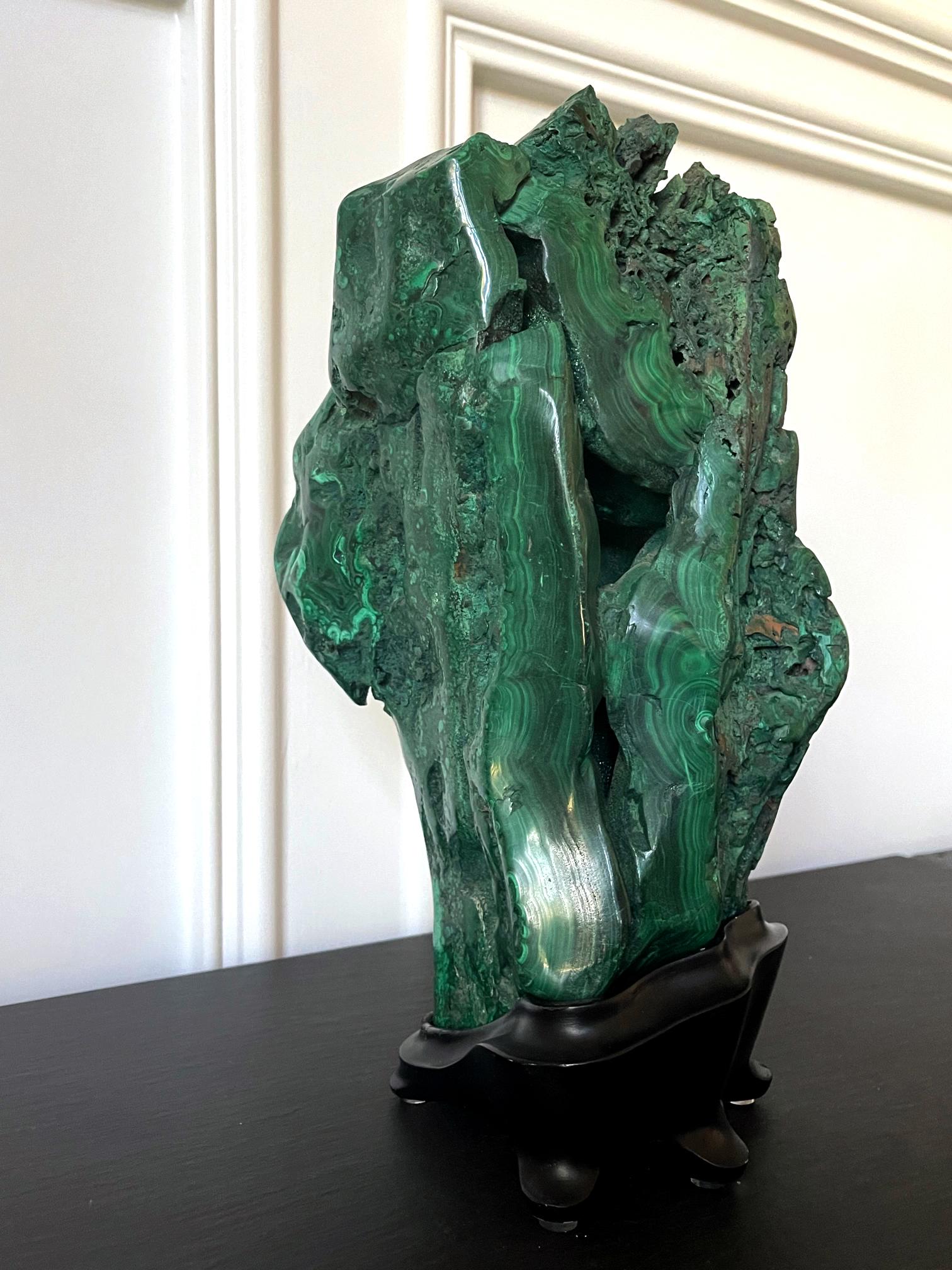 American Large Malachite Rock on Display Stand Chinese Scholar Stone For Sale