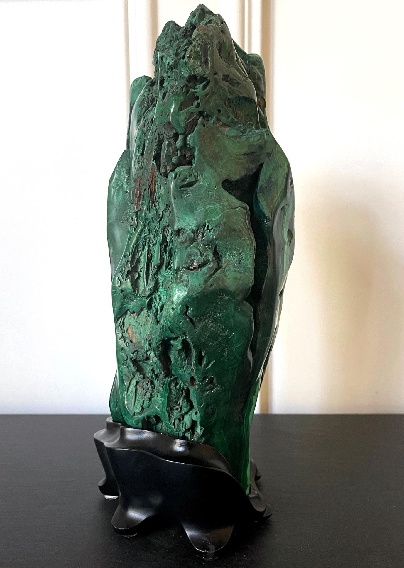 Large Malachite Rock on Display Stand Chinese Scholar Stone In Good Condition For Sale In Atlanta, GA