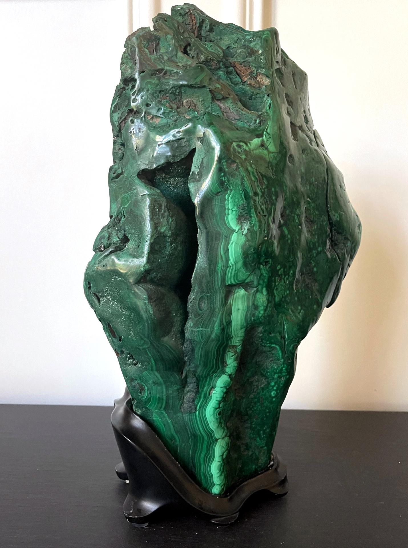 20th Century Large Malachite Rock on Display Stand Chinese Scholar Stone For Sale