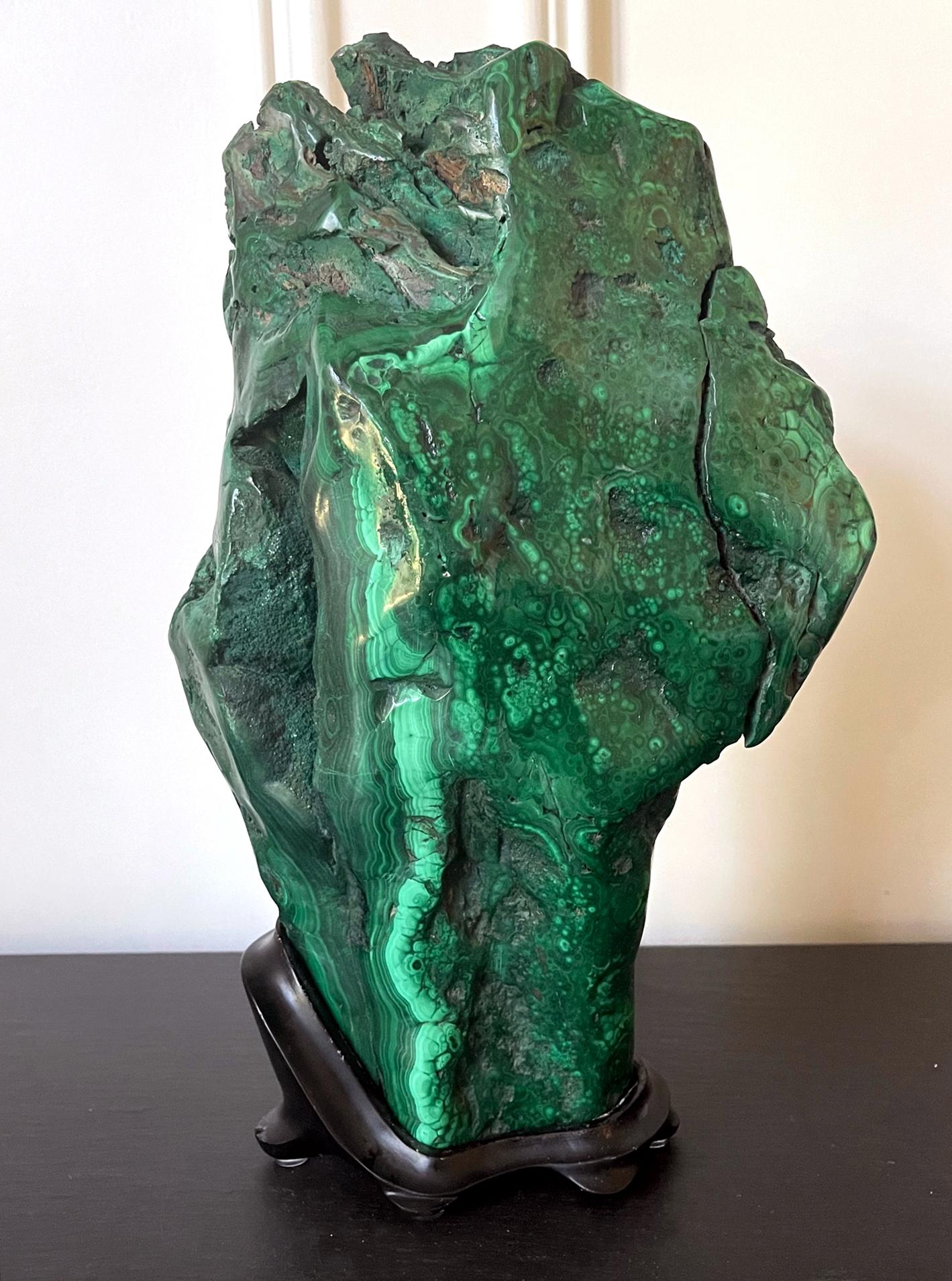 Large Malachite Rock on Display Stand Chinese Scholar Stone For Sale 1
